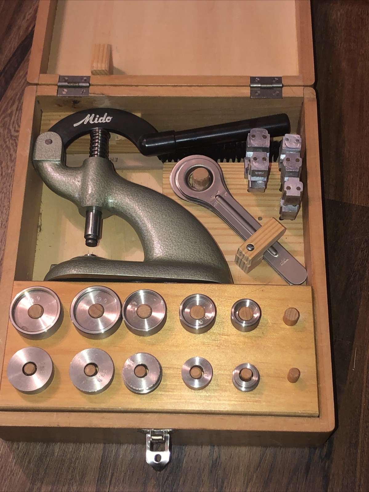 Mido Watchmaker Crystal & Back Press Tool Set w/ Dies, Movement Holders Etc