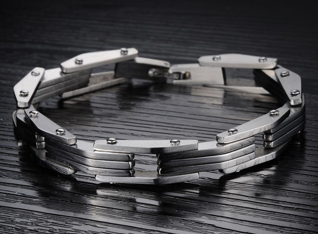 Men’s Stainless Steel 316L Silver Triple Stripe Link Bracelets 8.5″