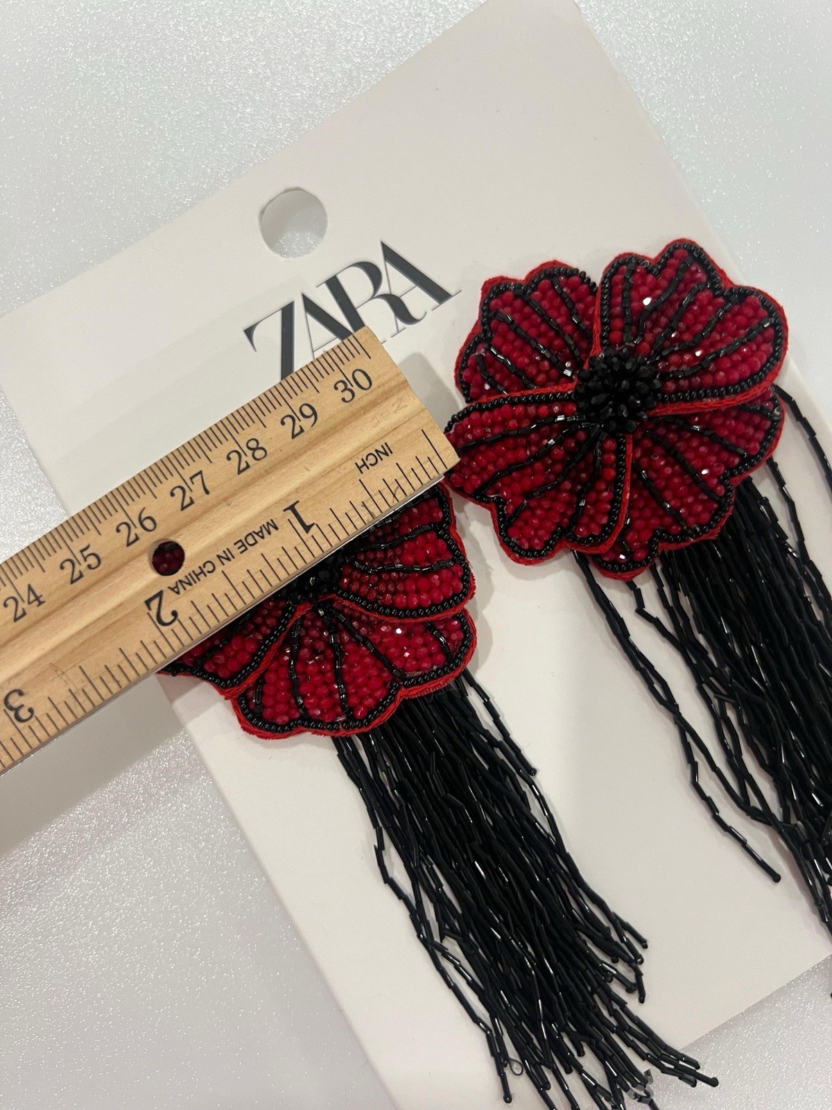New Zara Woman Floral Beaded Earrings Dark Red Burgundy Black