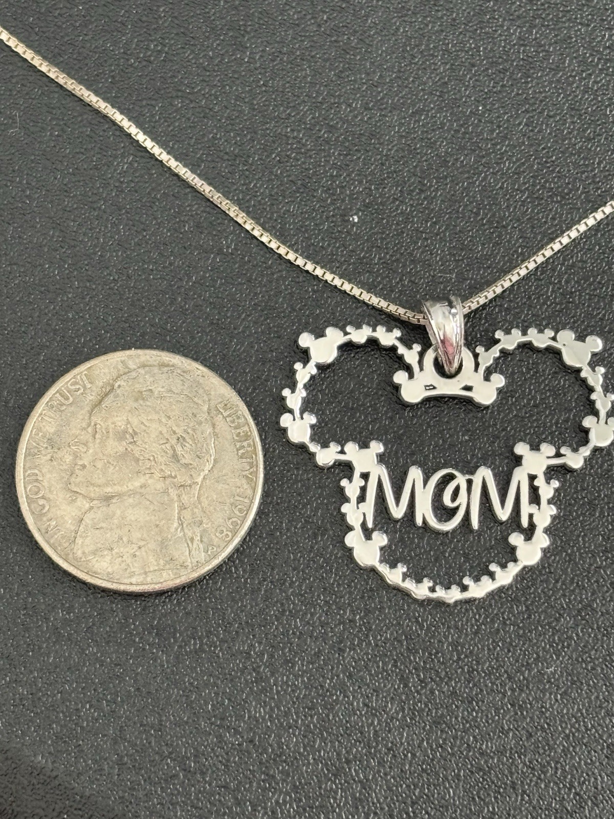 925 Sterling Silver Signed MOM Mickey Mouse Pendant Box Chain Necklace