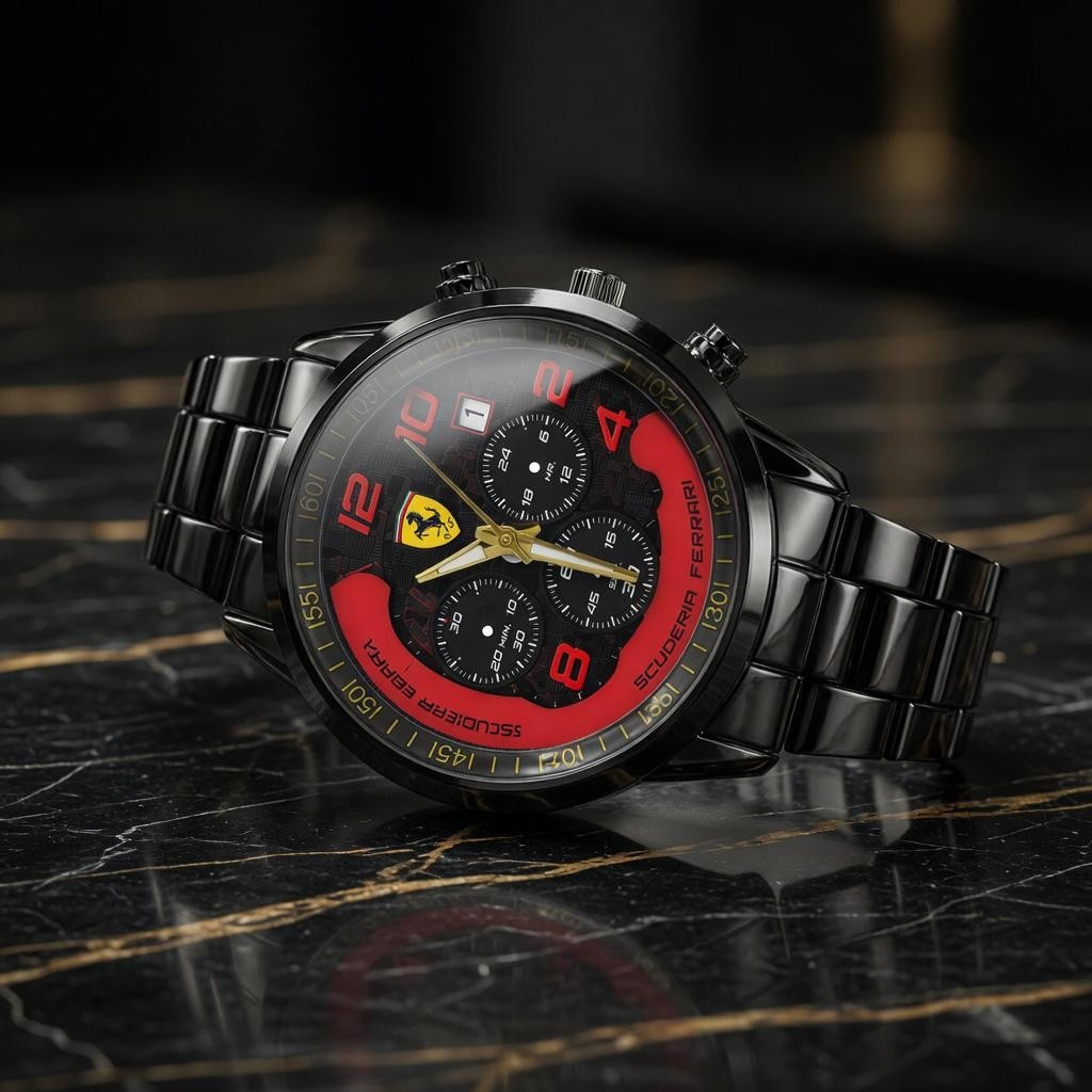 Ferrari Inspired Red Motorsport Watch Luxury Racing Black Stainless Steel Watch