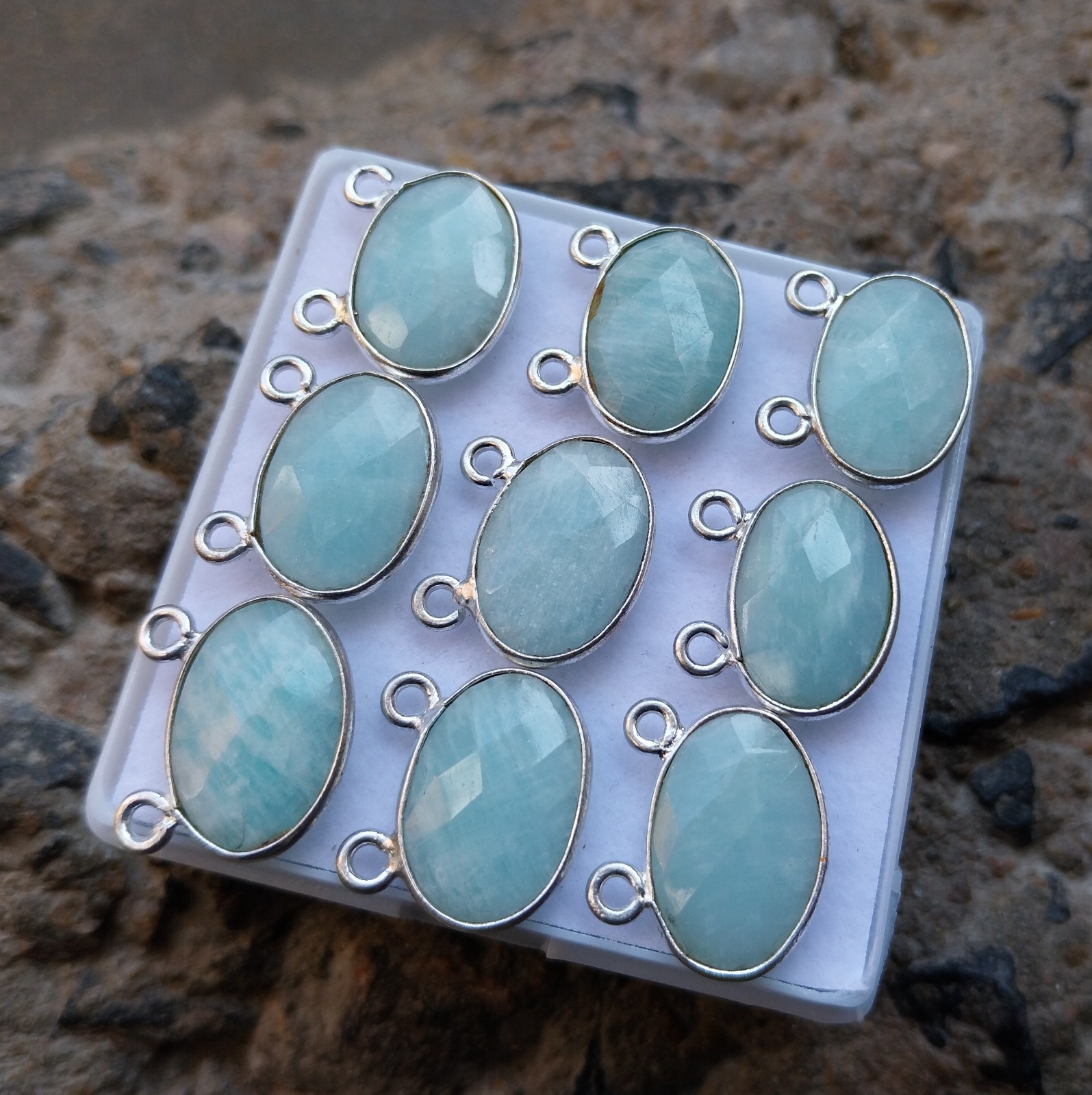 925 Sterling Silver 12 to 16 MM Amazonite Oval 9 Piece Double Loop Pendant