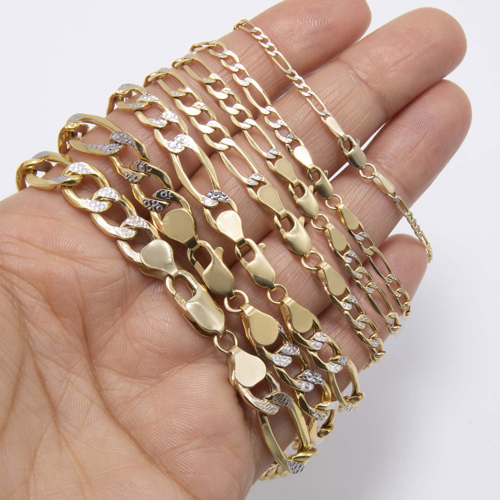 10K Yellow White Gold Diamond-Cut Figaro Link Chain Bracelet All Sizes