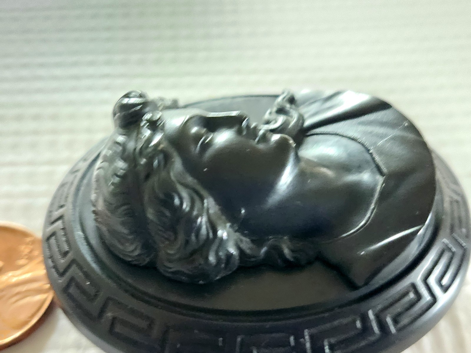 Antique 3D Victorian Vulcanite Cameo Brooch/Pin, Greek Key Design Border