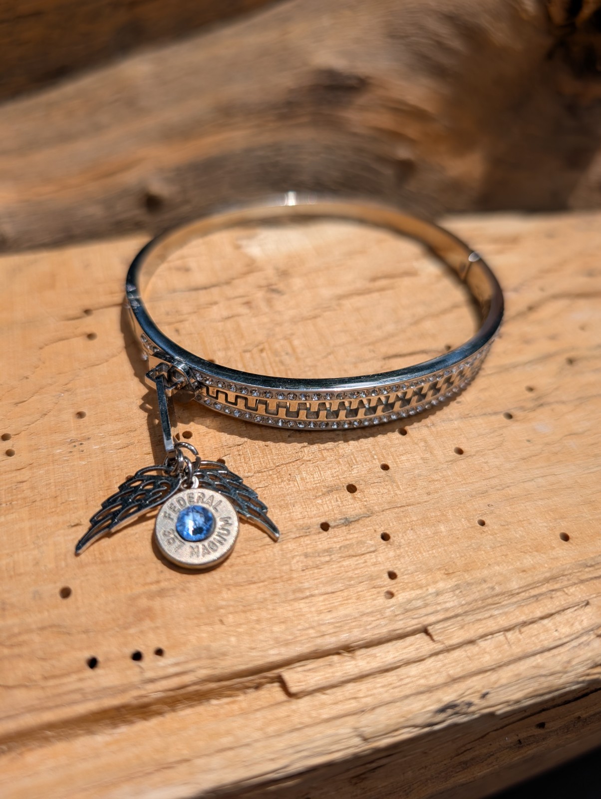 Silver or Gold Stainless Zipper wing and Bullet Bracelet. Optional Glass Crystal