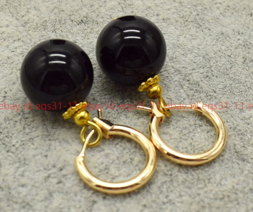 Classic Noblest 12mm Black Agate Round Gemstone Beads Leveback Earrings