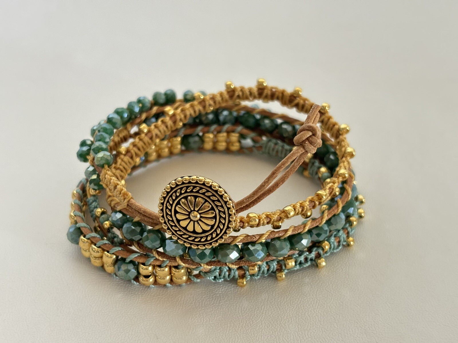Gold Tone Wrap Around Bracelet Beads Green & Brown 31 5/8 Inches Long