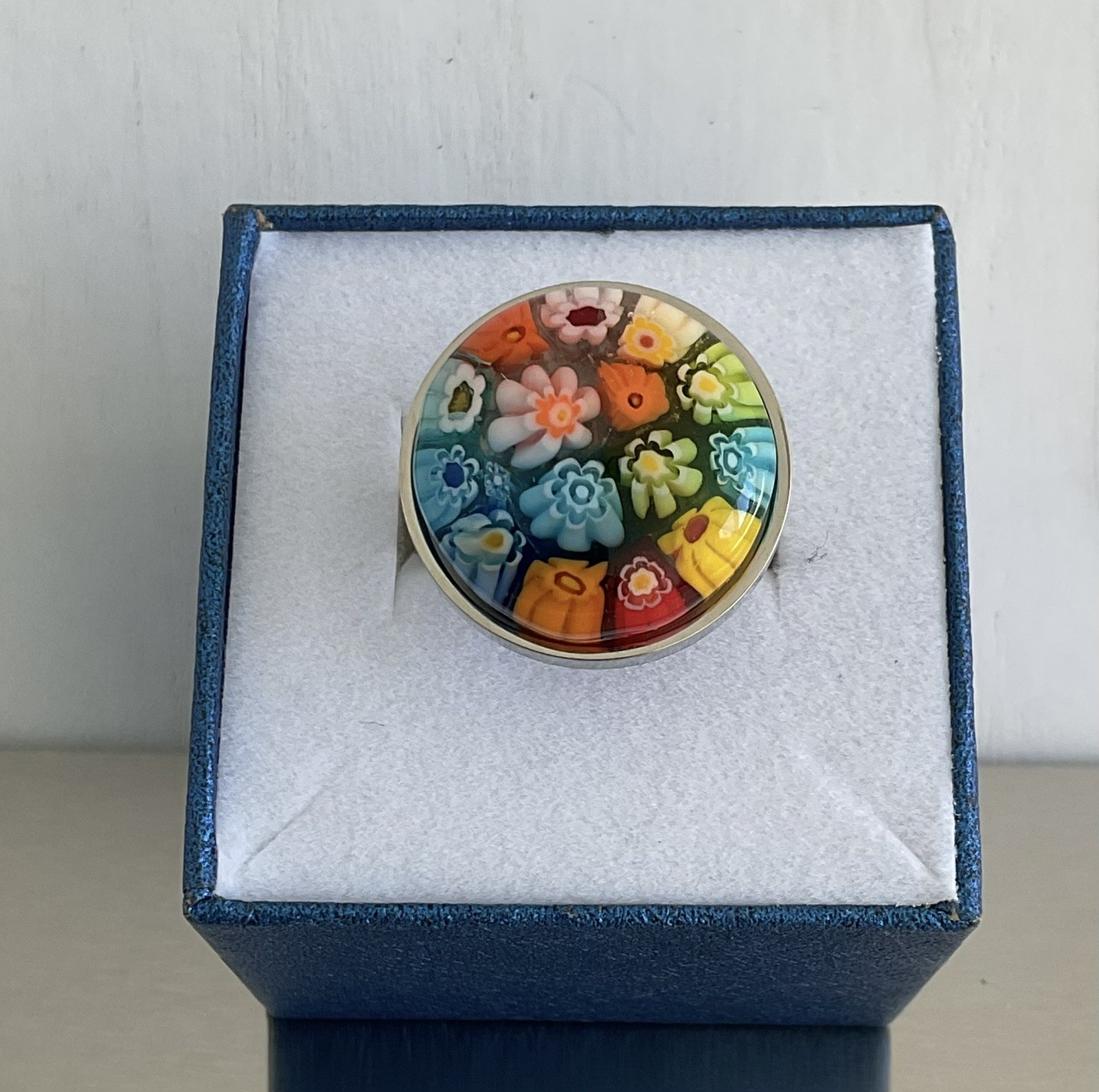 Multi Color Round Murano Millefiori Style Glass Ring Stainless Steel SZ 6, 9, 10
