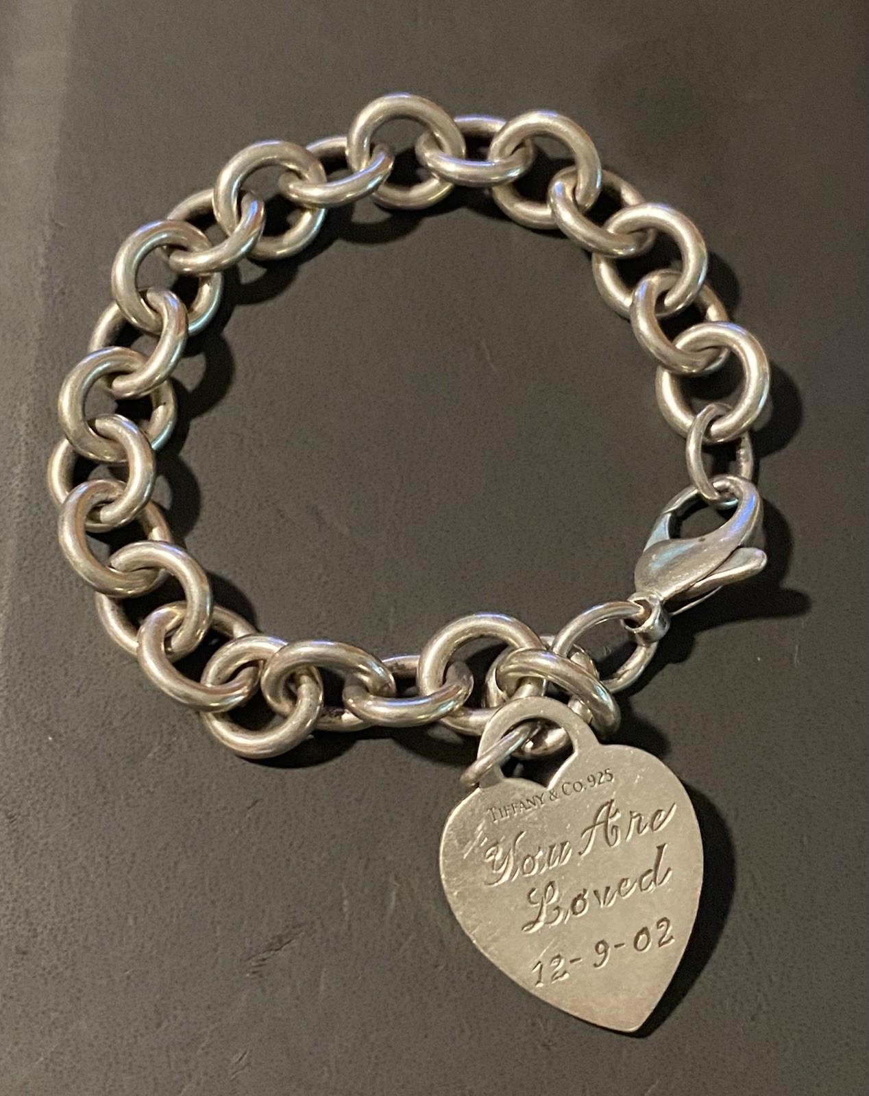 Tiffany & Co.Sterling Silver Heart Tag Charm Rolo Link Bracelet Bangle 6.75″in