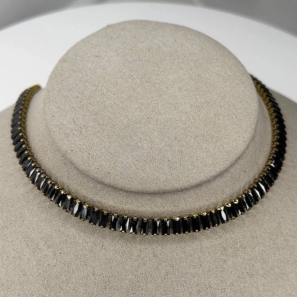 20TCW Baguette Lab Created Black Diamond Choker necklace 14k Yellow Gold Plated