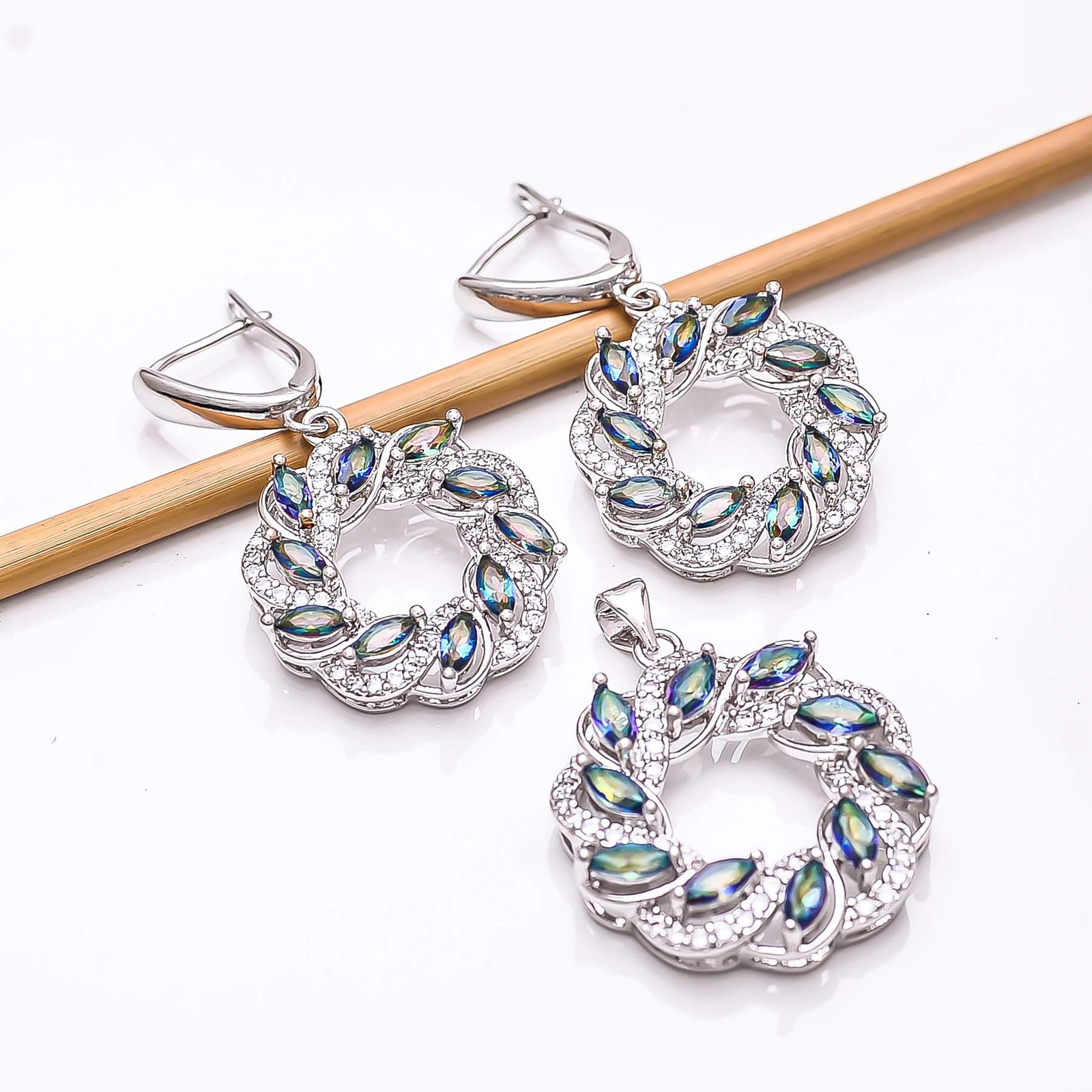 Blue Rainbow Mystic Fire Topaz & CZ 925 Silver Handmade Pendant Set PS8210