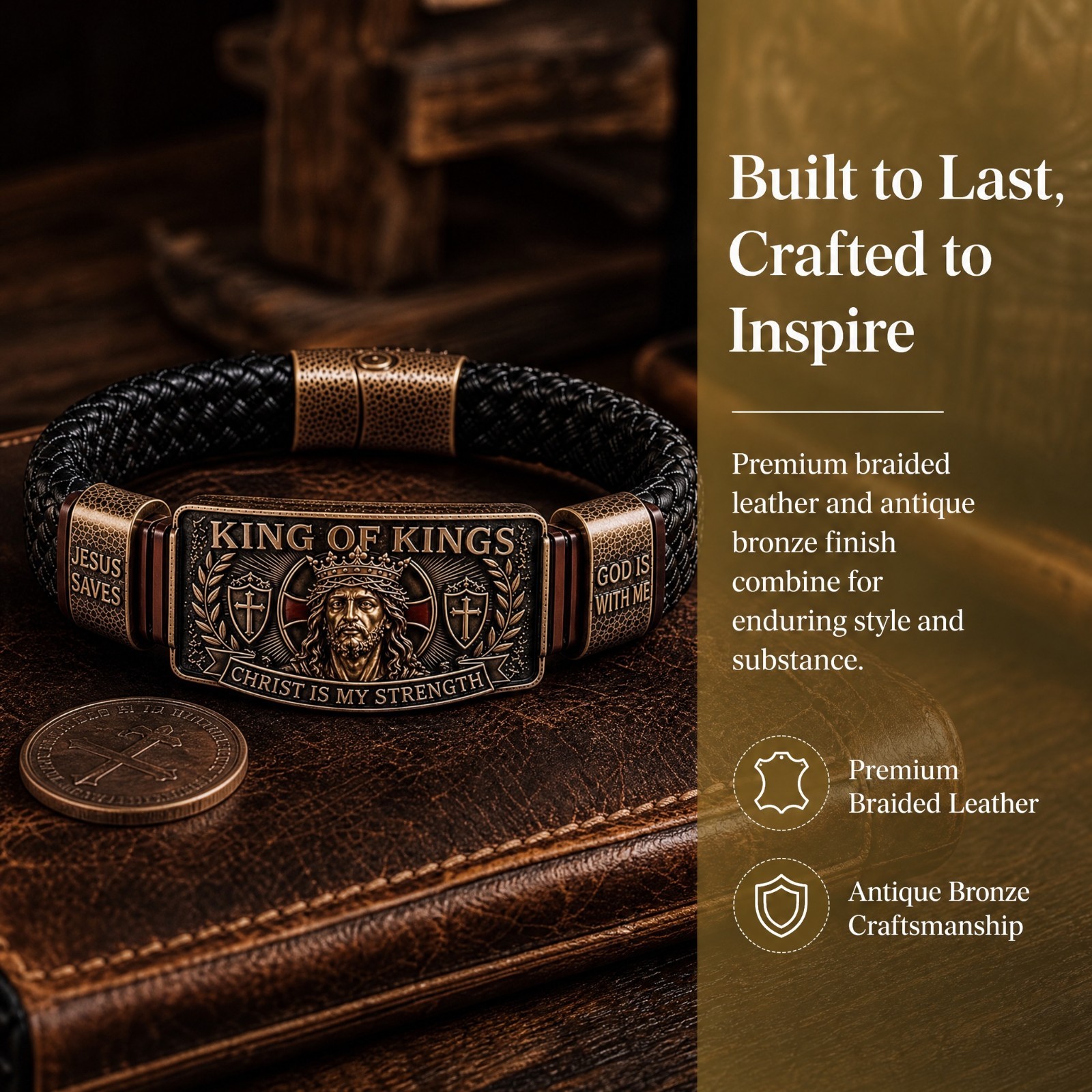 King of Kings Religious Bracelet, Adjustable Inspirational Wristband for Men