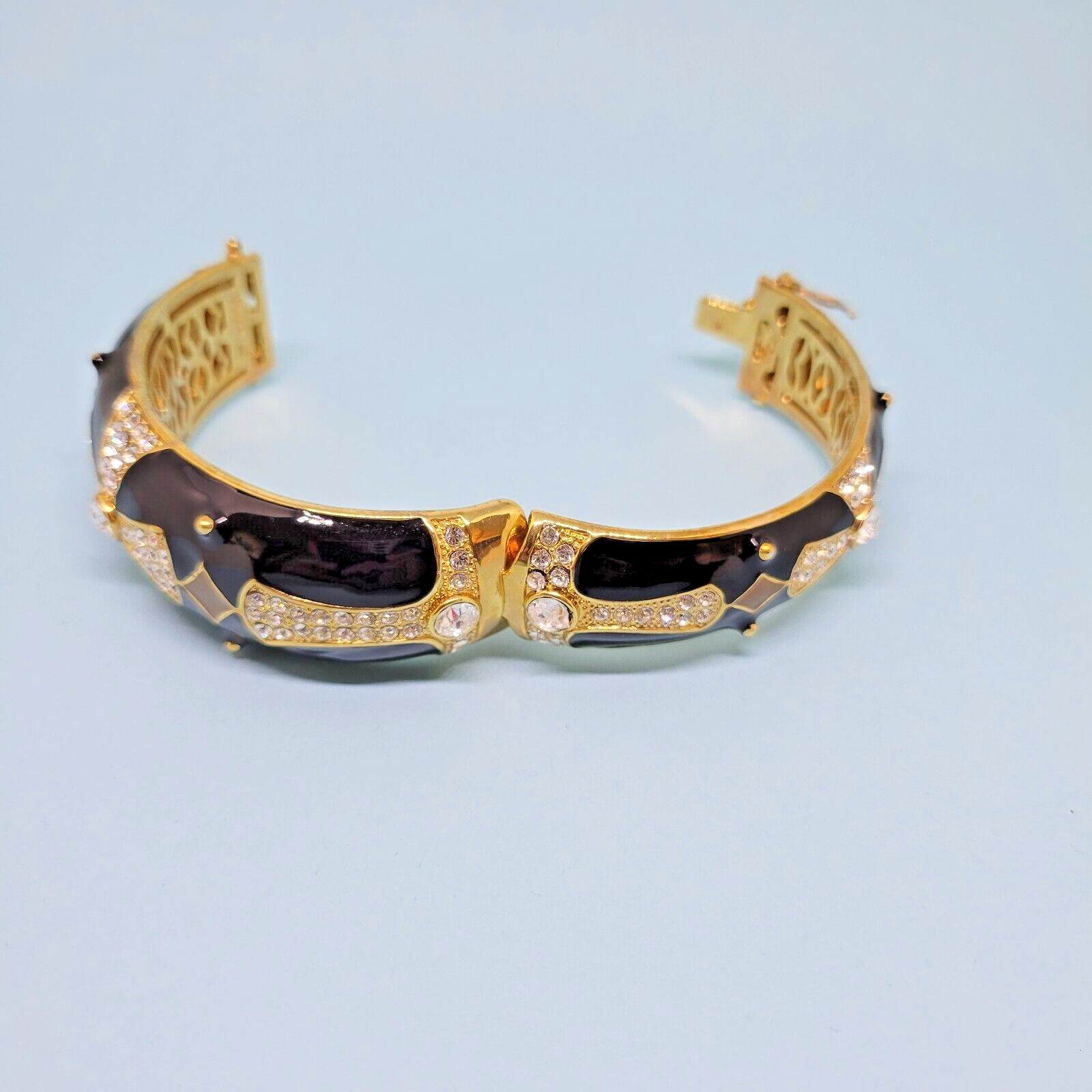 Joan Boyce Gold Tone Black Enamel Crystal Maltese Cross Hinged Bangle Bracelet