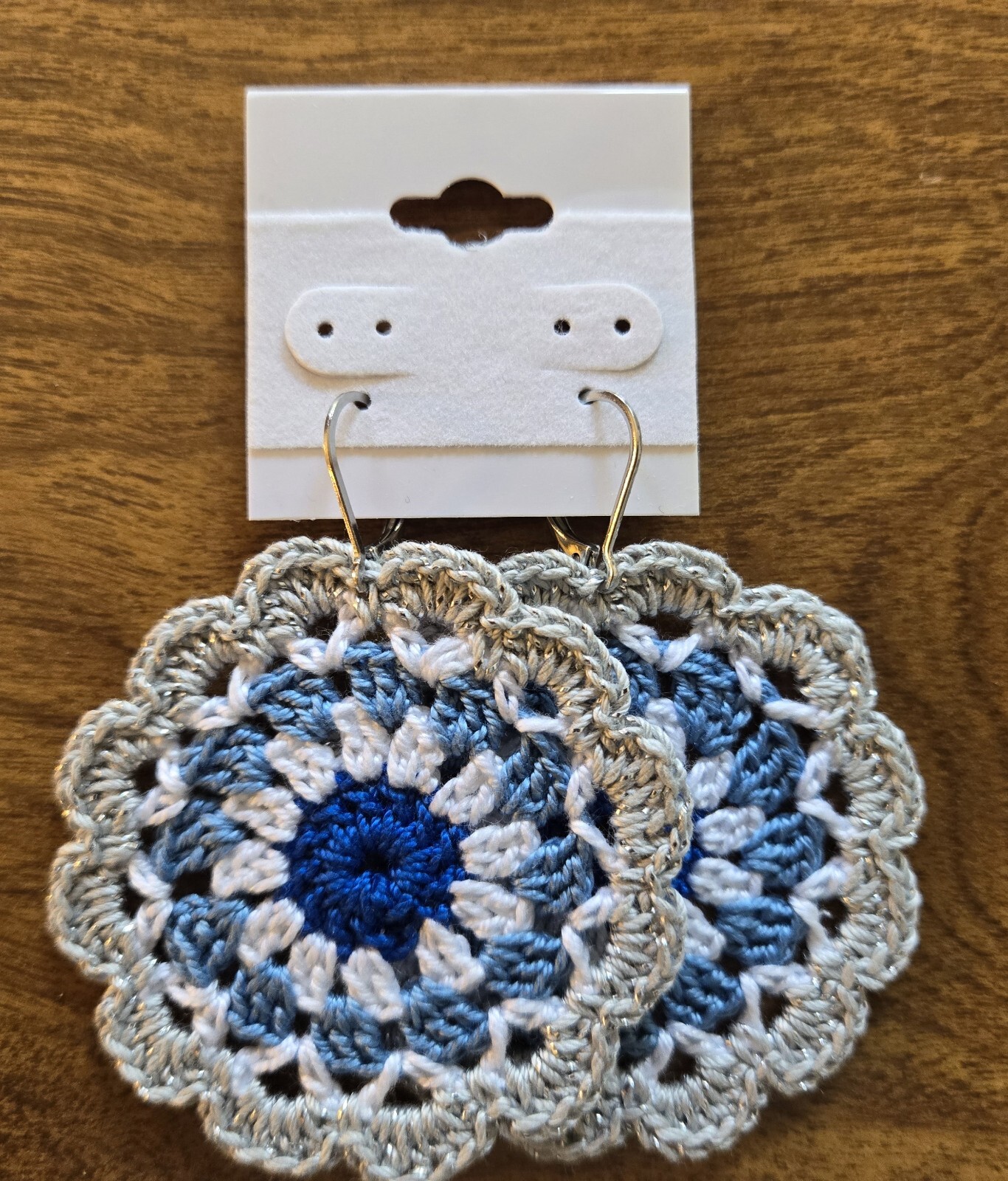 2″ Dallas Cowboys Inspired Crochet Earrings Blue White Silver Hand Made by Eve