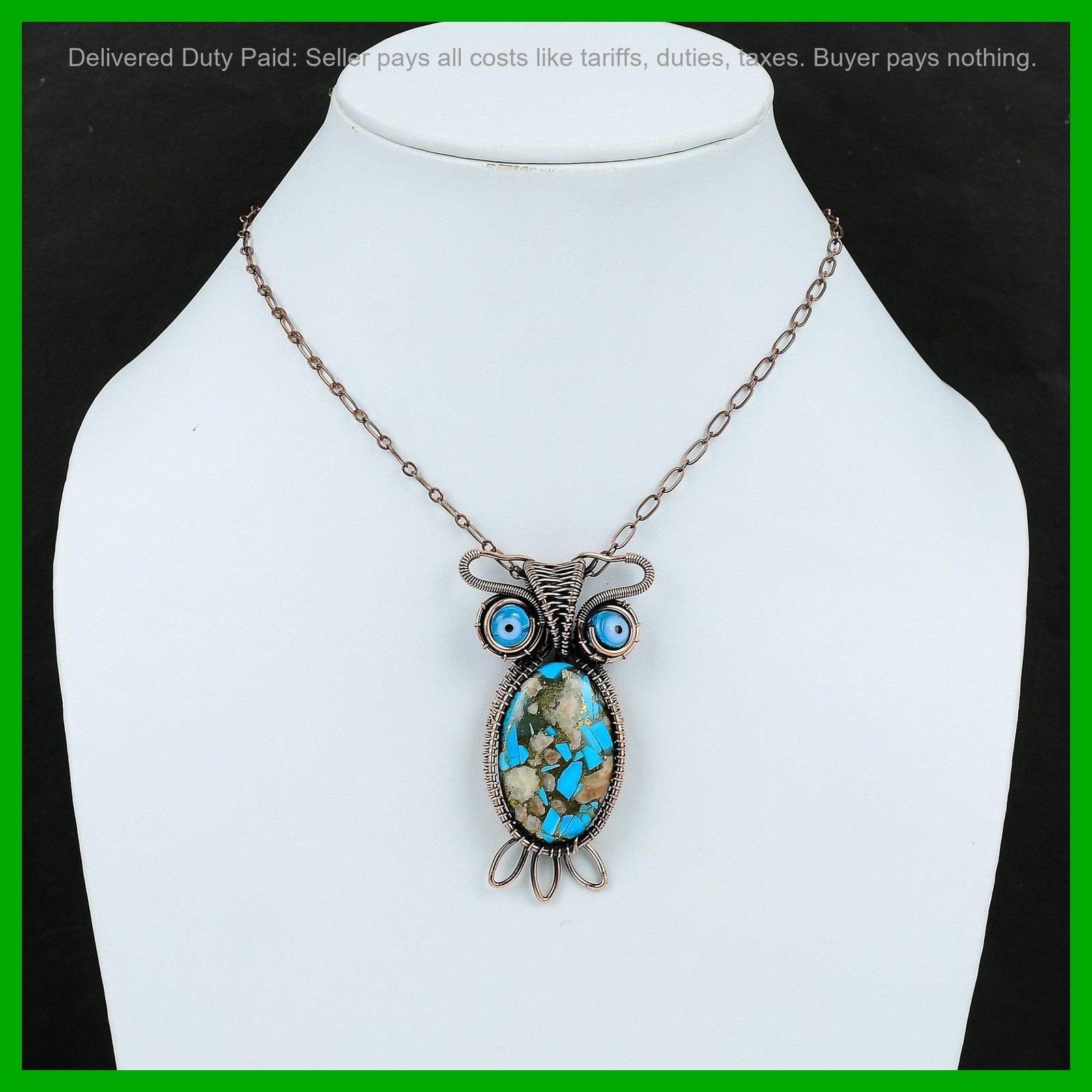 Oval Pink Opal Copper Turquoise Stone Blue Color Evil Eye Wedding Pendant Copper
