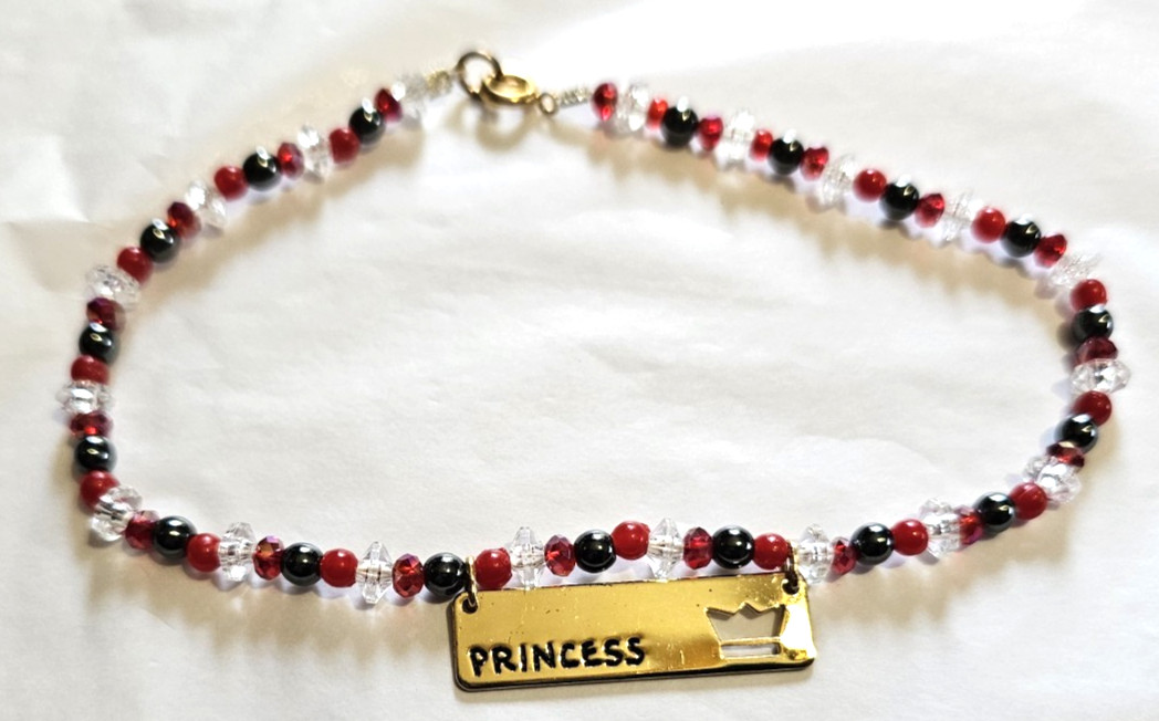 Red, Black, Crystal Beaded Anklet – with Golden PRINCESS Plaque- 10 1/2″