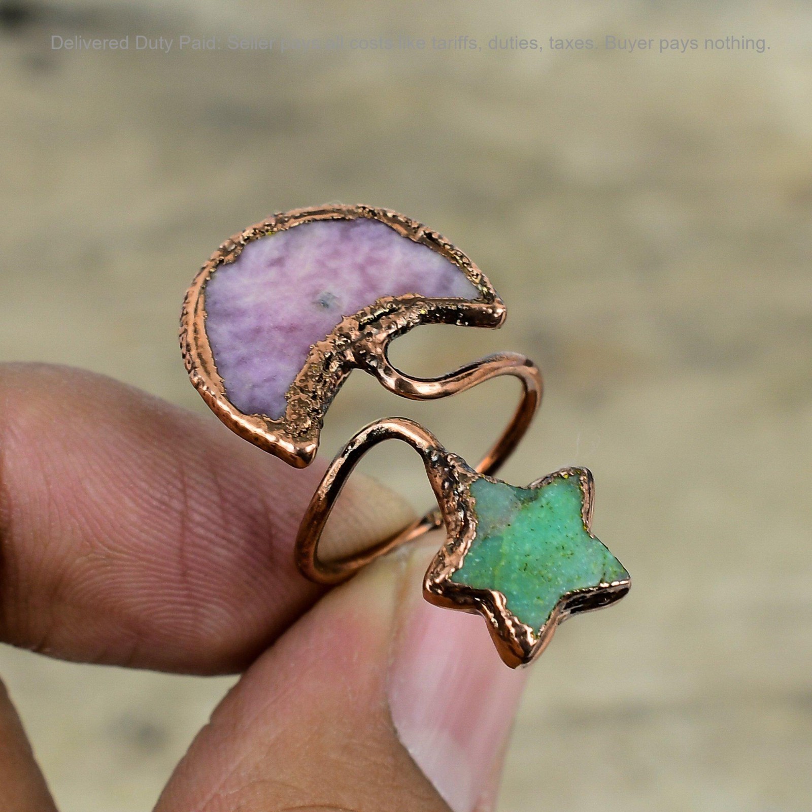 Copper Pink Tourmaline Gemstone Chrysoprase Stackable Electroformed Ring Jewelry