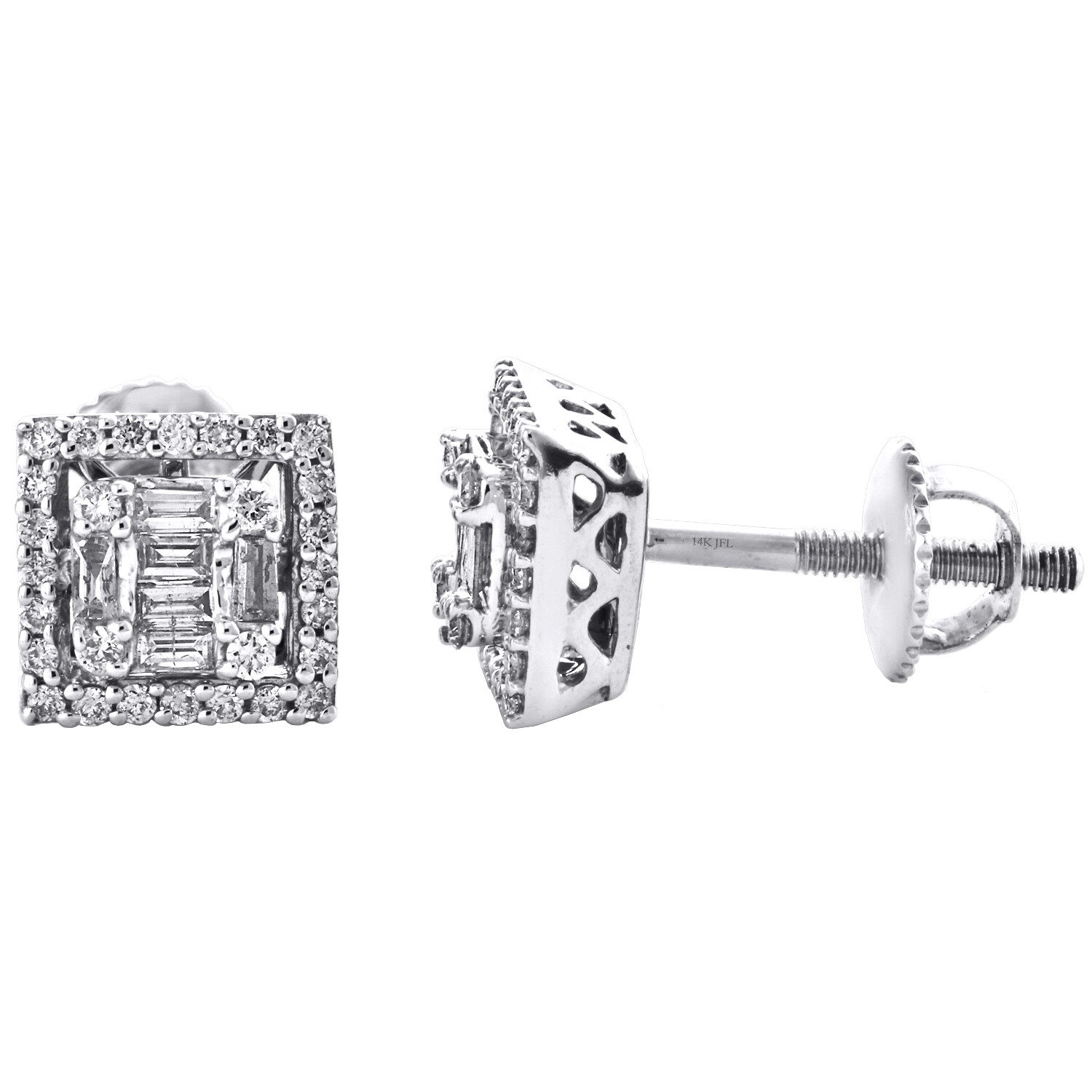 14K White Gold Round & Baguette Diamond 7.60mm Square Halo Stud Earrings 0.50 Ct
