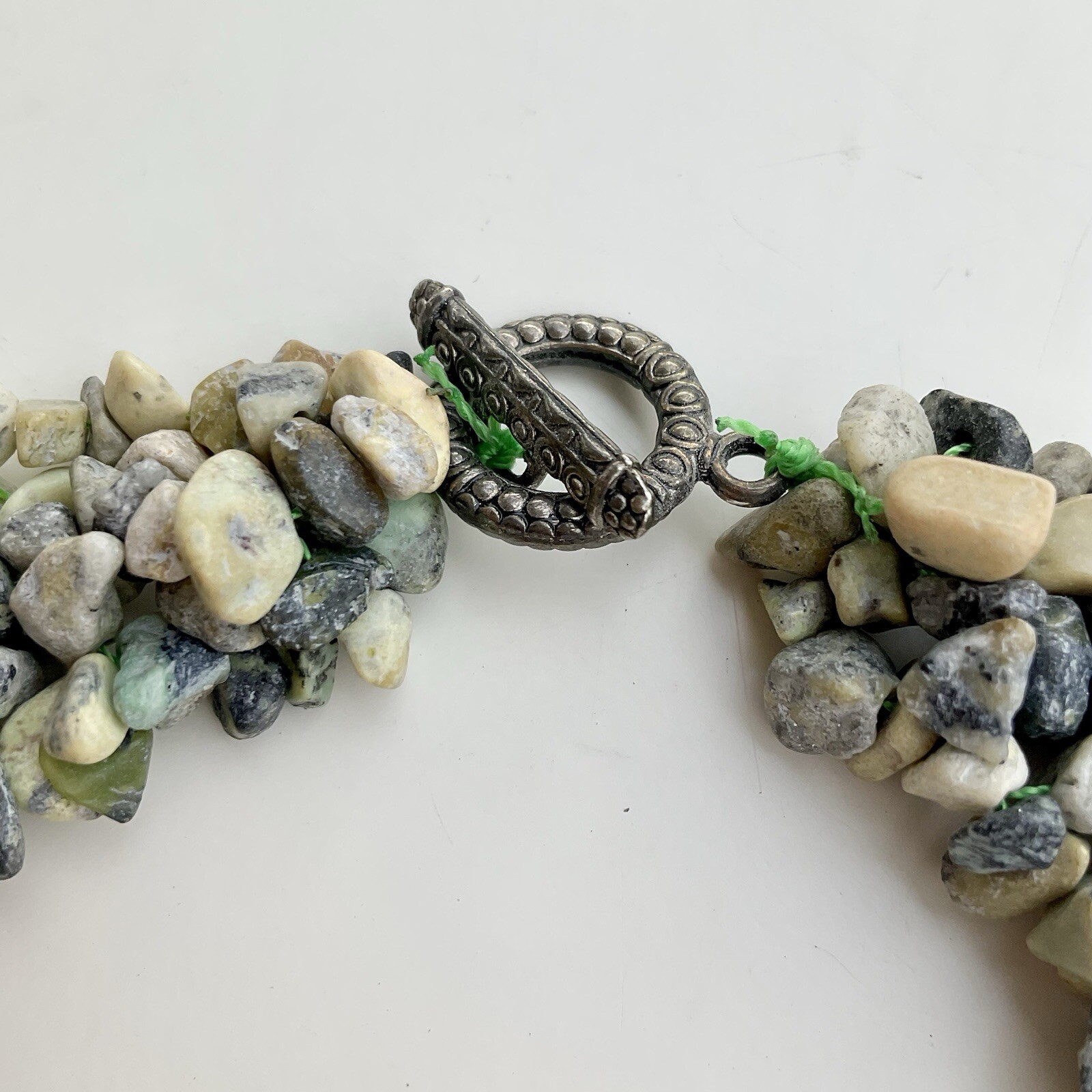 Handcrafted Green & Beige Chipped Gemstone Collar Statement Necklace, 17 Inches