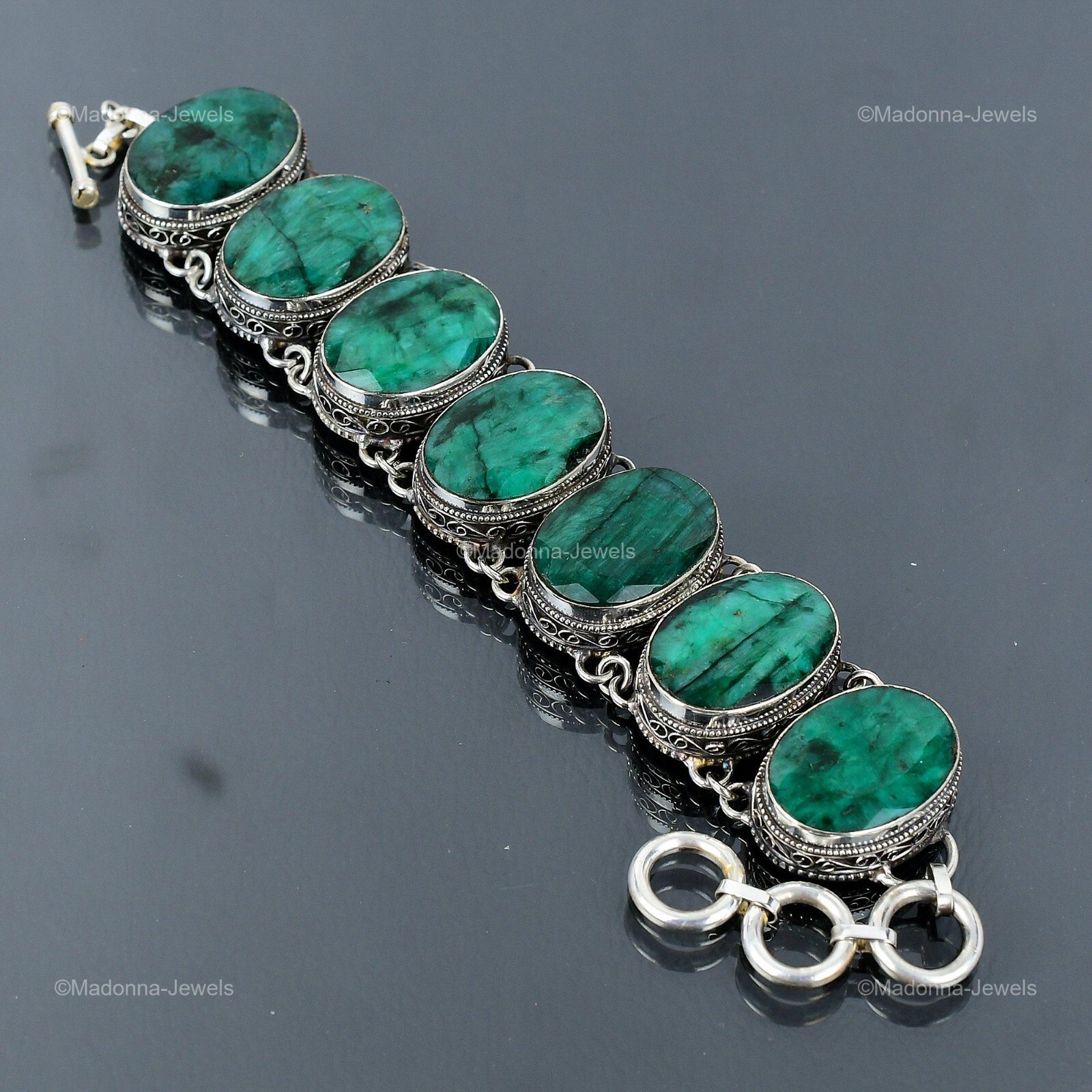 Zambian Emrald Gemstone 925 Sterling Silver Chain Bezel Vintage Unique Bracelet