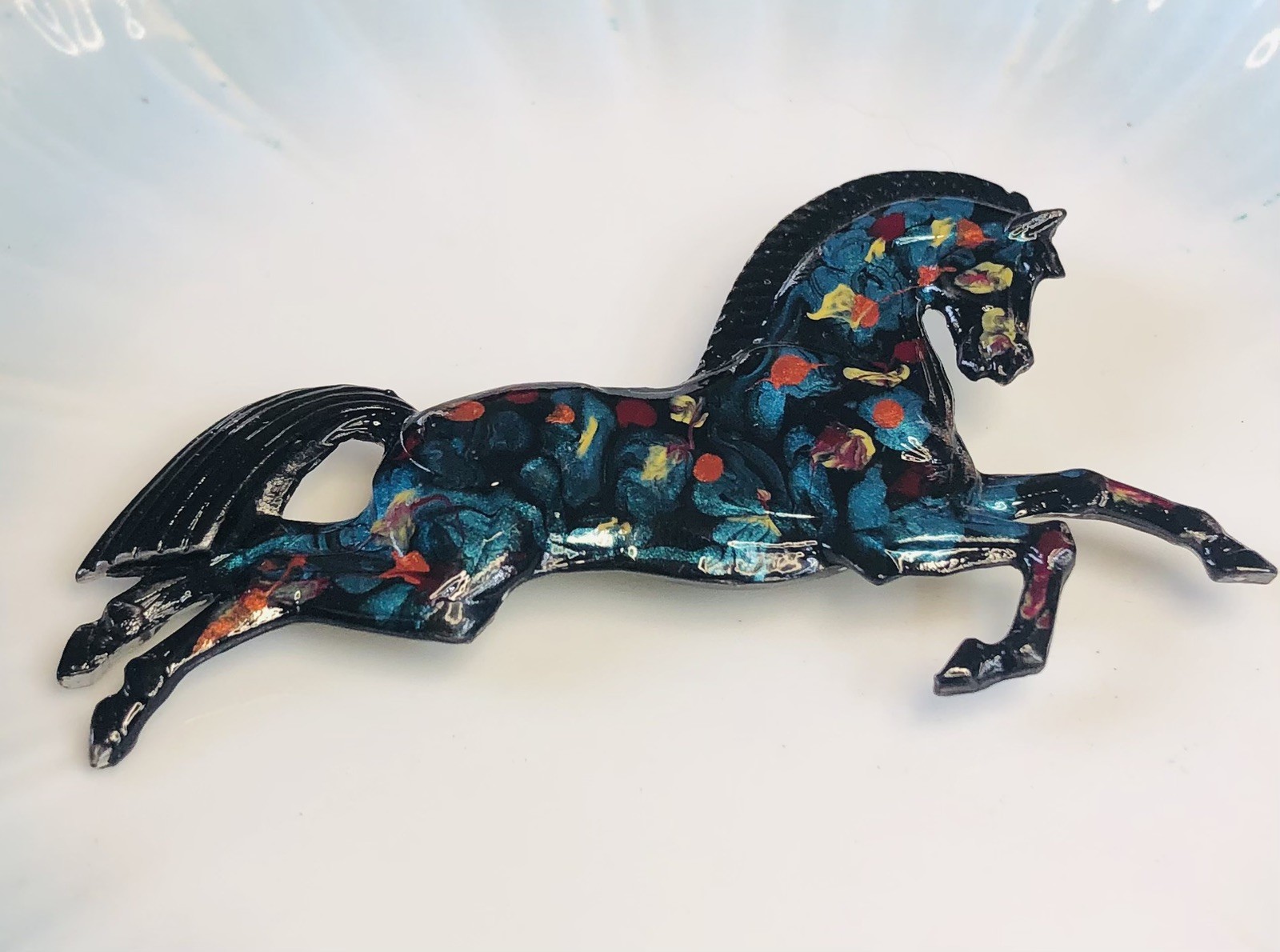 Vintage Black Blue Orange Enamel Painted Horse Brooch/pin