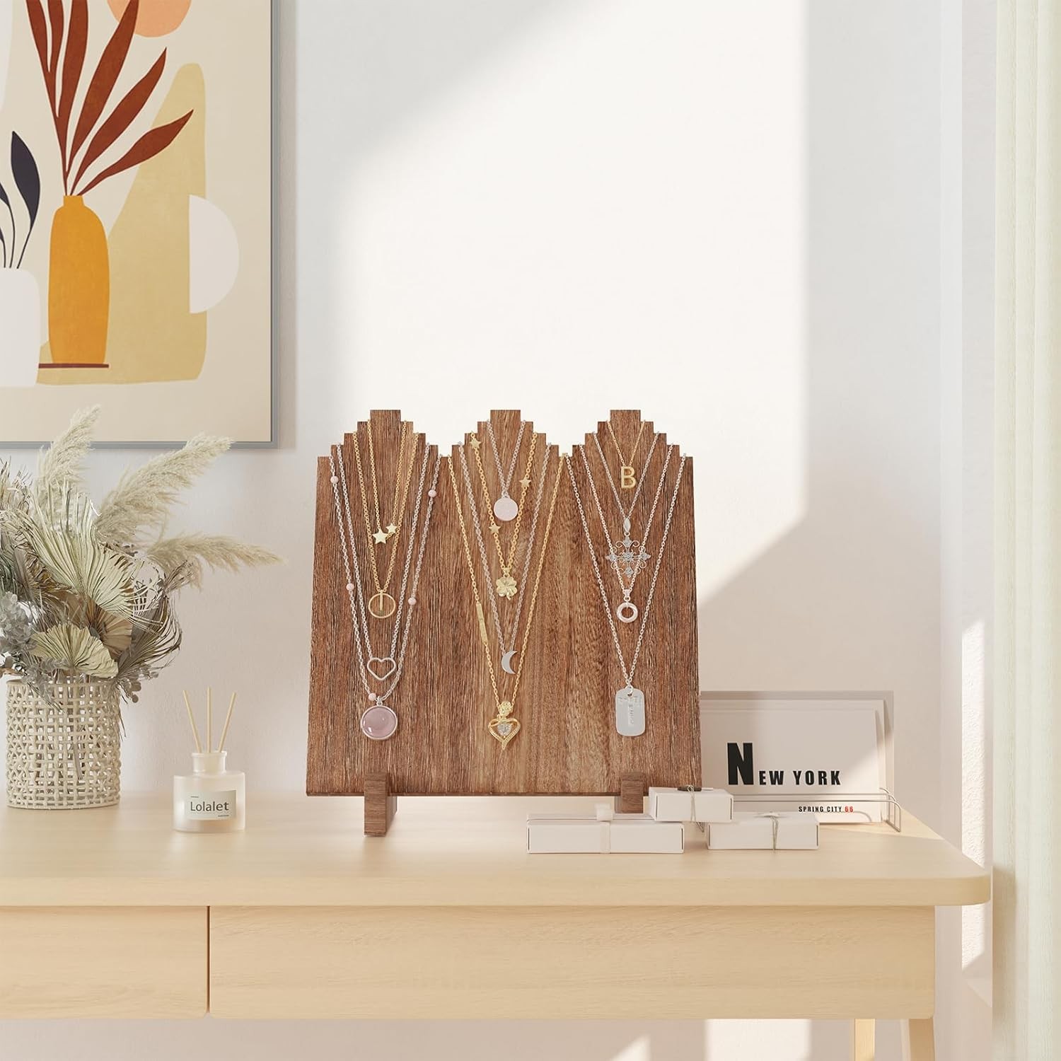 Lolalet Wooden Necklace Display Stands 11.81 x 5.9 x 12.99 inches, Dark Brown