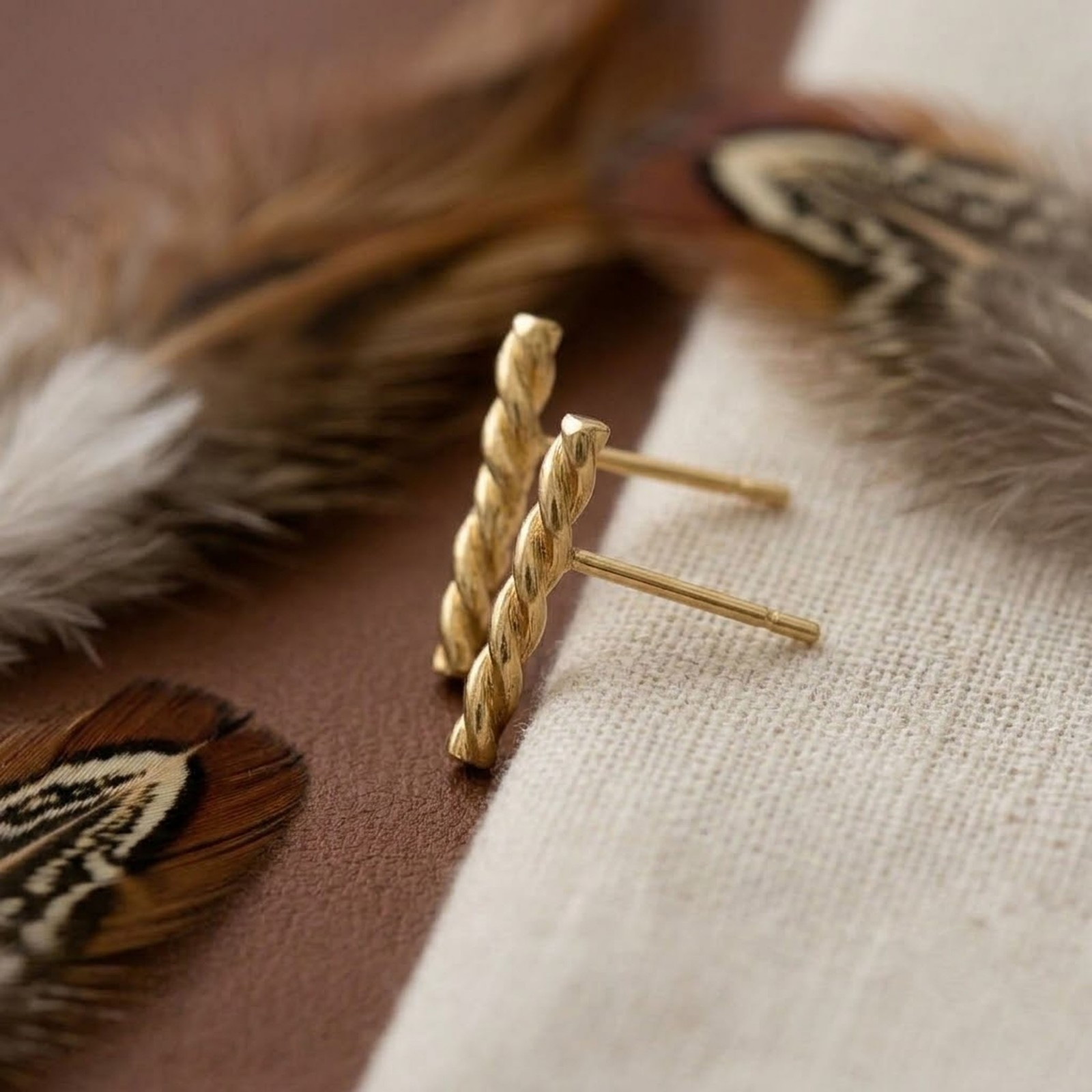 18K Elegant Yellow Gold Twisted Bar Stud Earrings | 925 Sterling Silver Jewelry