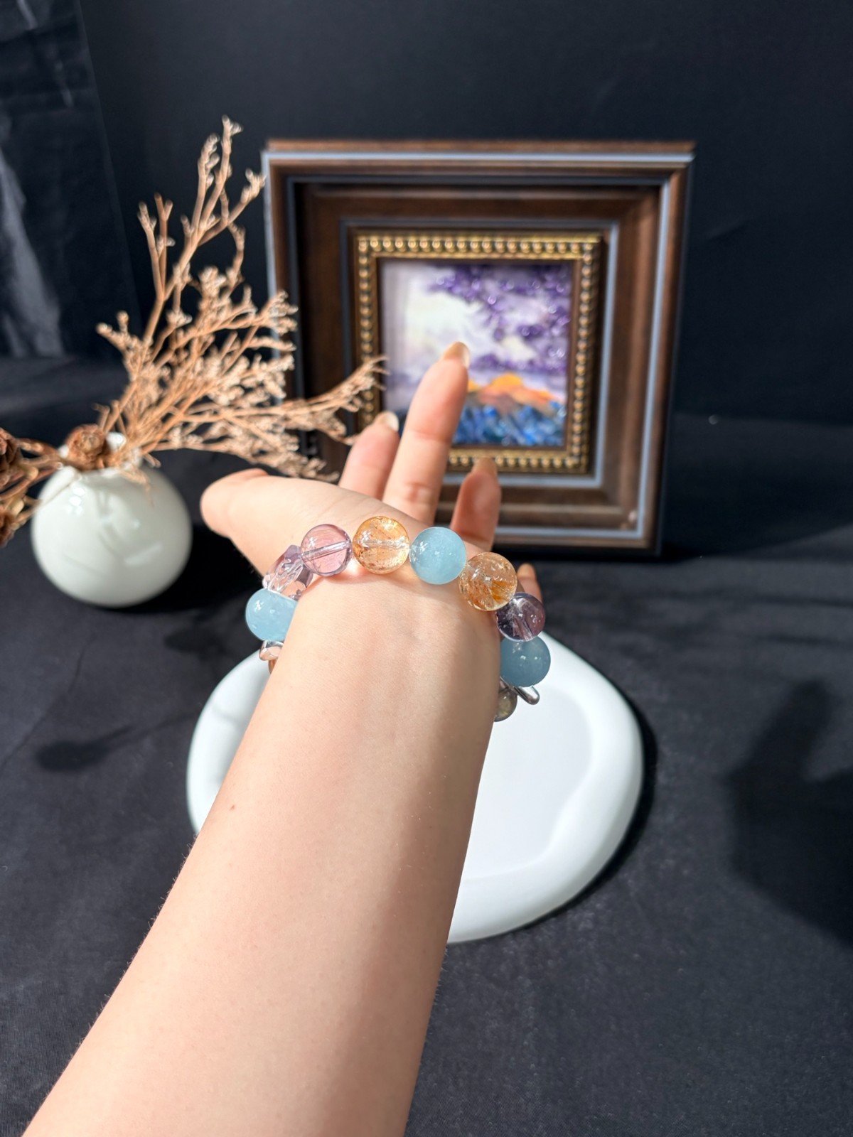 LUSA FEELA Natural Amethyst Aquamarine Beaded Stretch Bracelet Gift Box