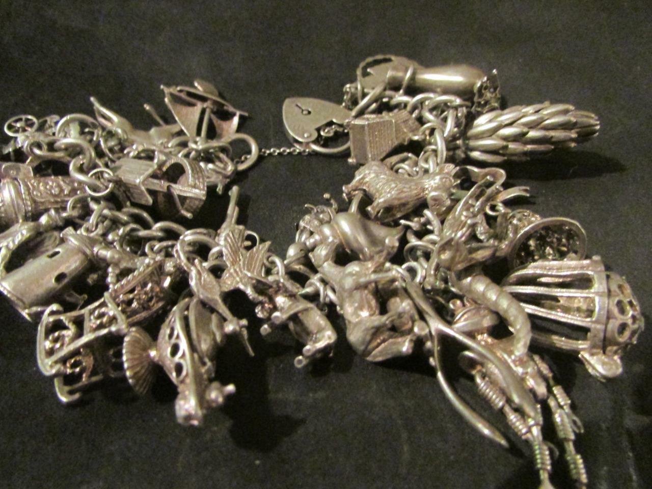 Vintage Solid Silver Charm Bracelet &36 Rare Silver Charms,Openers Chim,Nuvo114g