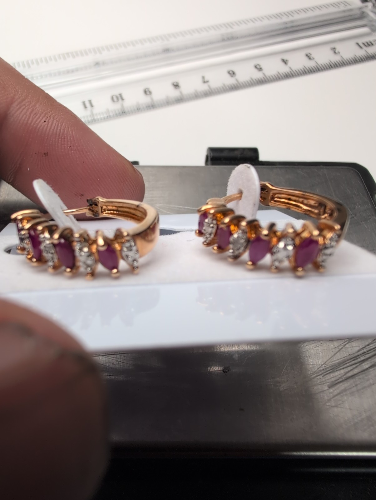 925 & Gold Vermeil Ruby CZ Hoop Earrings 4.2g Marquise Cut