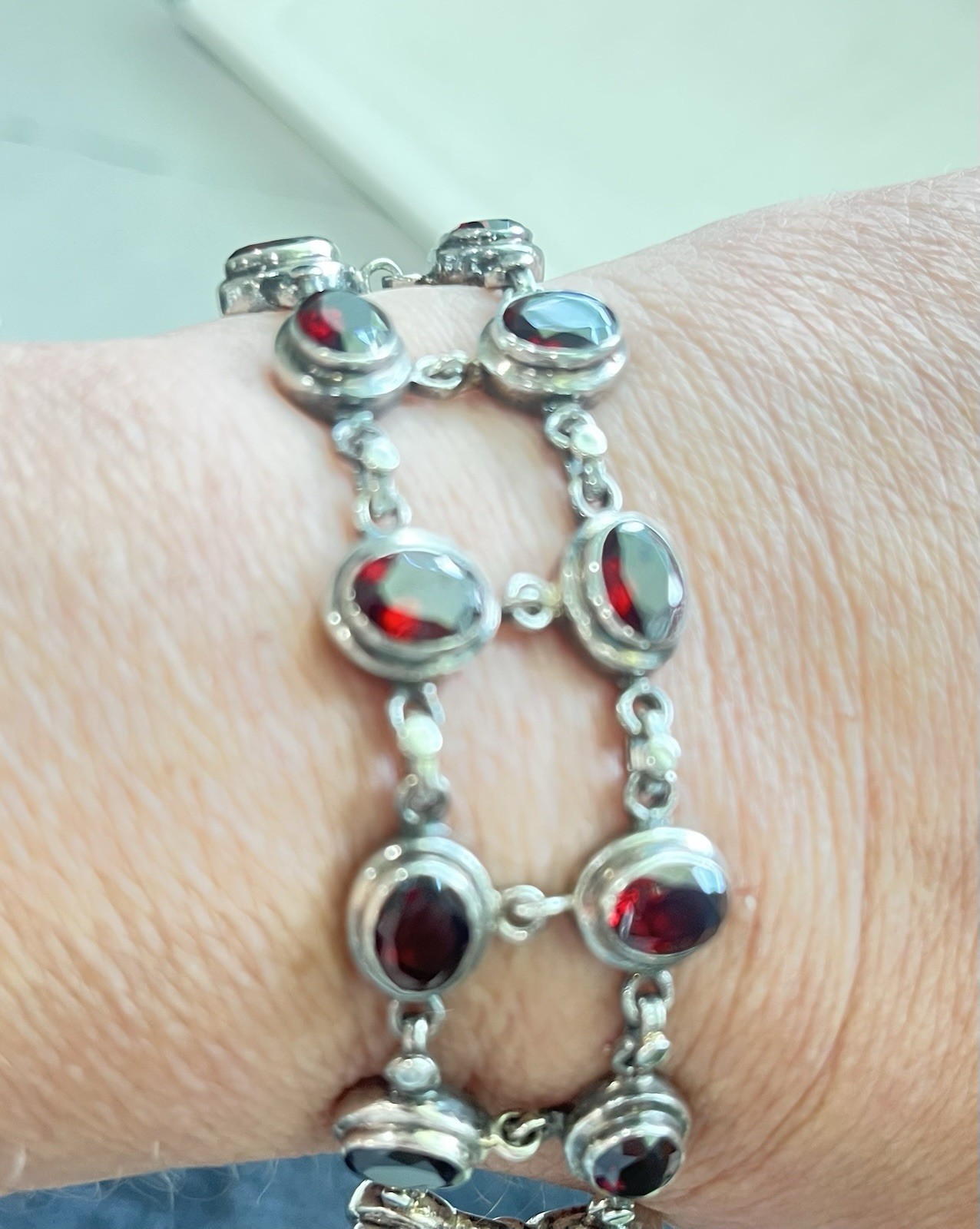 Sterling Silver Garnet Oval Bezel Tennis Chain Bracelet Adjustable 8 in