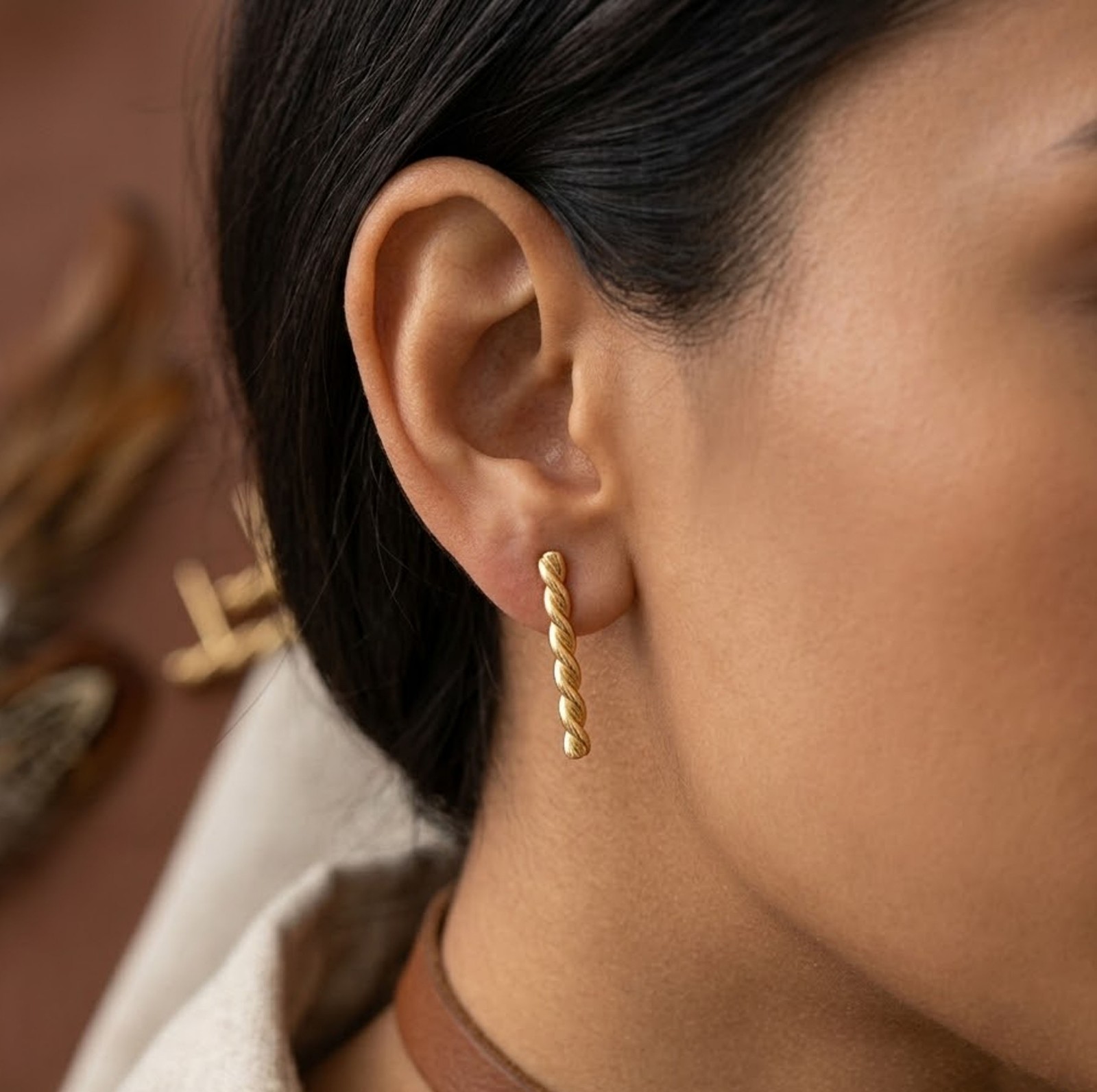 18K Elegant Yellow Gold Twisted Bar Stud Earrings | 925 Sterling Silver Jewelry