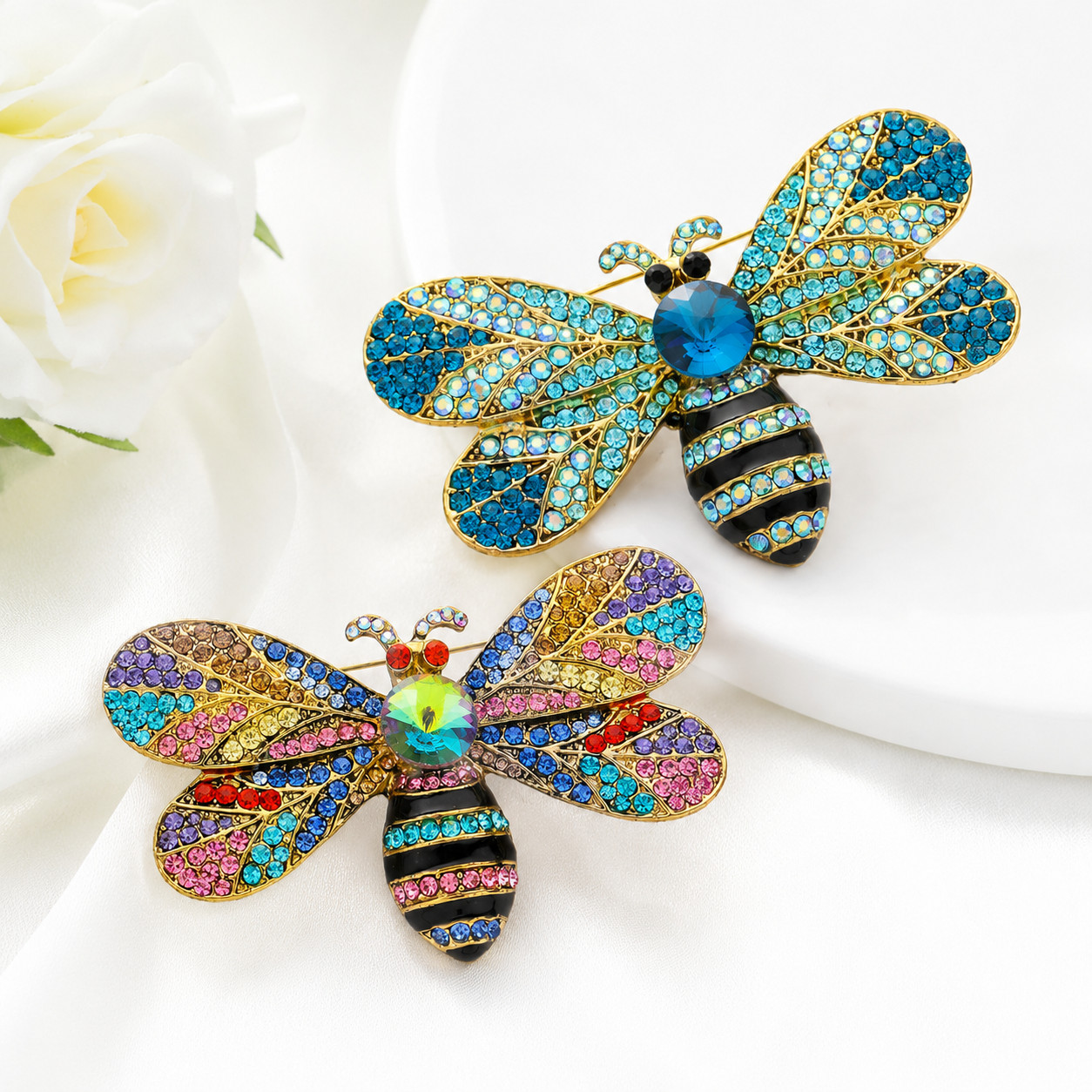 2pcs Rhinestone Bumble Bee Brooch Pin Crystal Honey Bee Insect Gold Tone Blue Mu