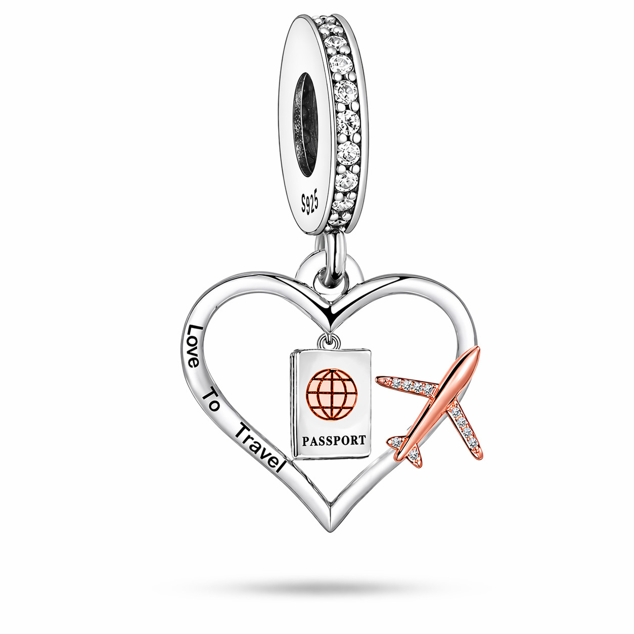 MariaFonte Charm Love To Travel Heart Plane Passport 925 Silver Compatible