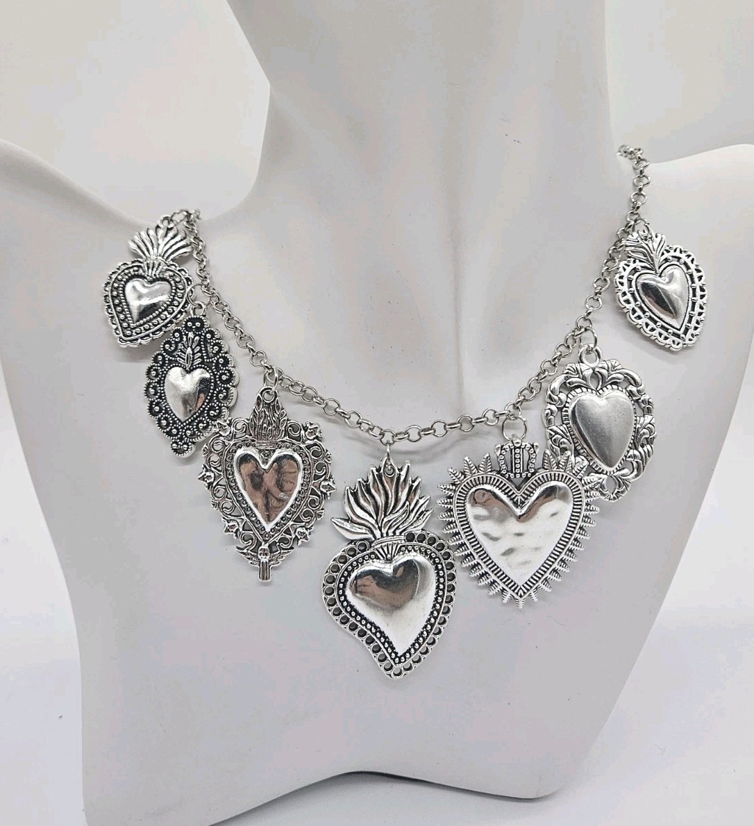 Vintage Silver Tone Hearts Bohemian Statement Chunky Necklace