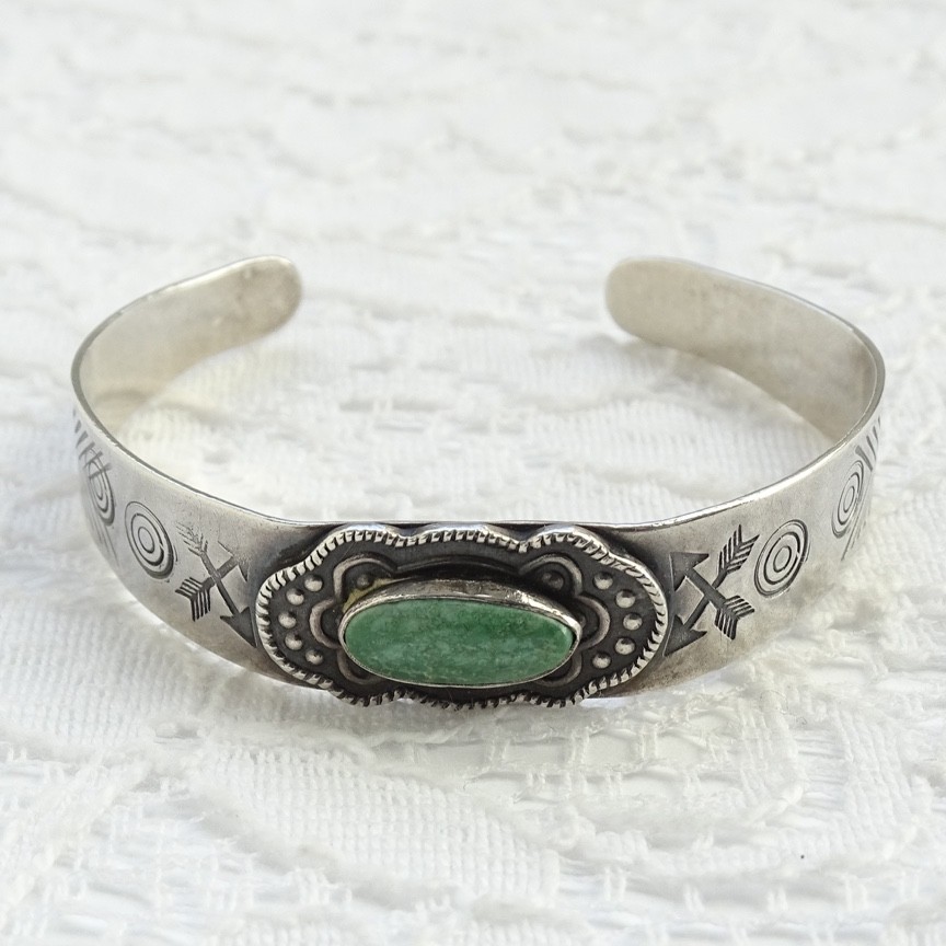 Fred Harvey Era Native American 5 1/4” Turquoise Cuff Bracelet Stamp Decorated