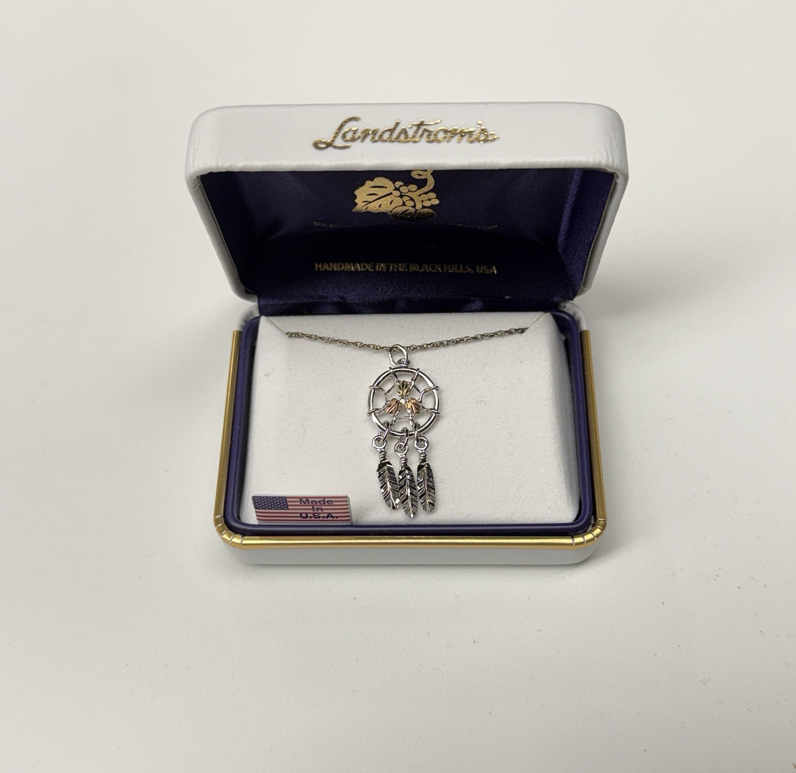 Landstrom’s Black Hills Gold 12K Solid Gold Dreamcatcher Pendant Feather 18in