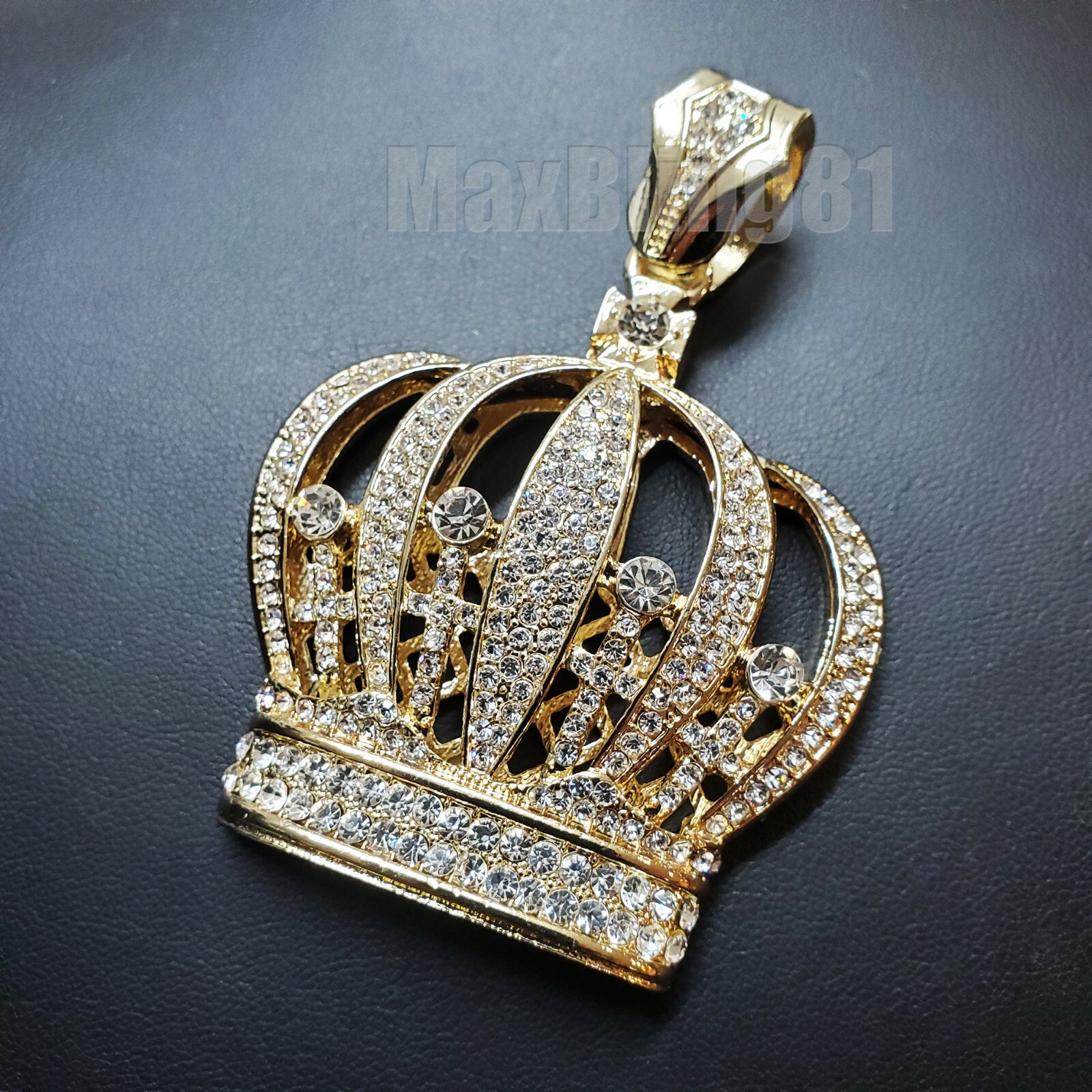 HIP HOP JEWELRY ICED GOLD PLATED CUBIC ZIRCONIA LARGE KING CROWN CHARM PENDANT