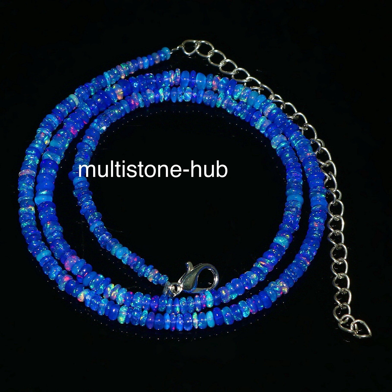 Natural Ethiopian Welo Fire Blue Opal Rondelle Beaded Gemstone Necklace 16 Inch