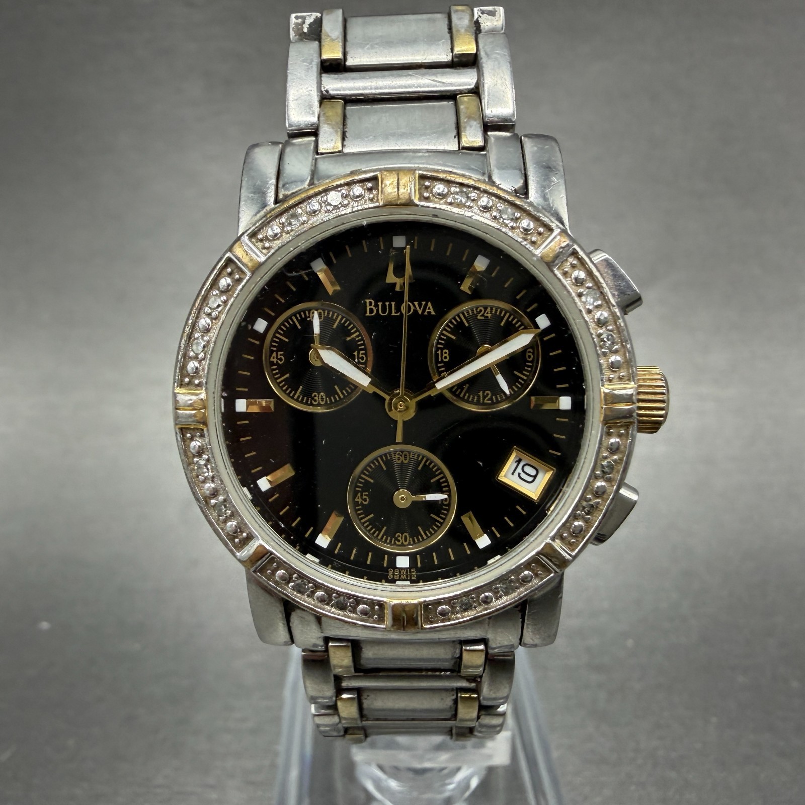 Bulova Chronograph Watch Women 30mm Black Dial Two Tone Date 98W15 New Battery