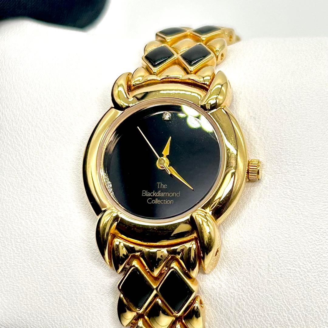 Franklin Mint Diamond Black Quartz Watch Gold/Black Used