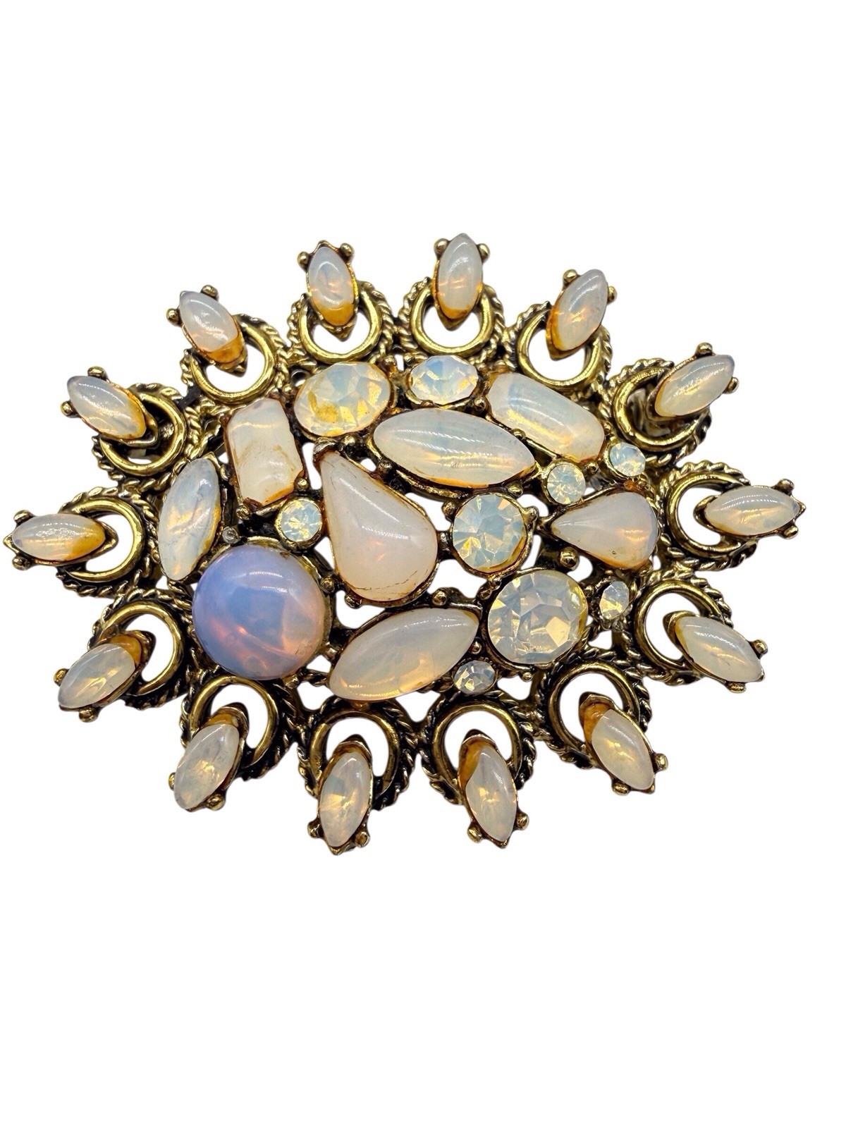 Vtg Hollycraft Set Brooch Dangle Earrings Fiery Opal Rhinestone Gold 50s 60s C