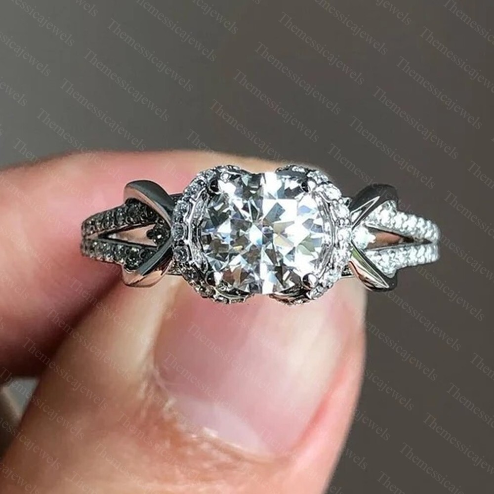 2.16 TCW Round Cut Moissanite Unique Engagement Ring 14K White Gold Plated