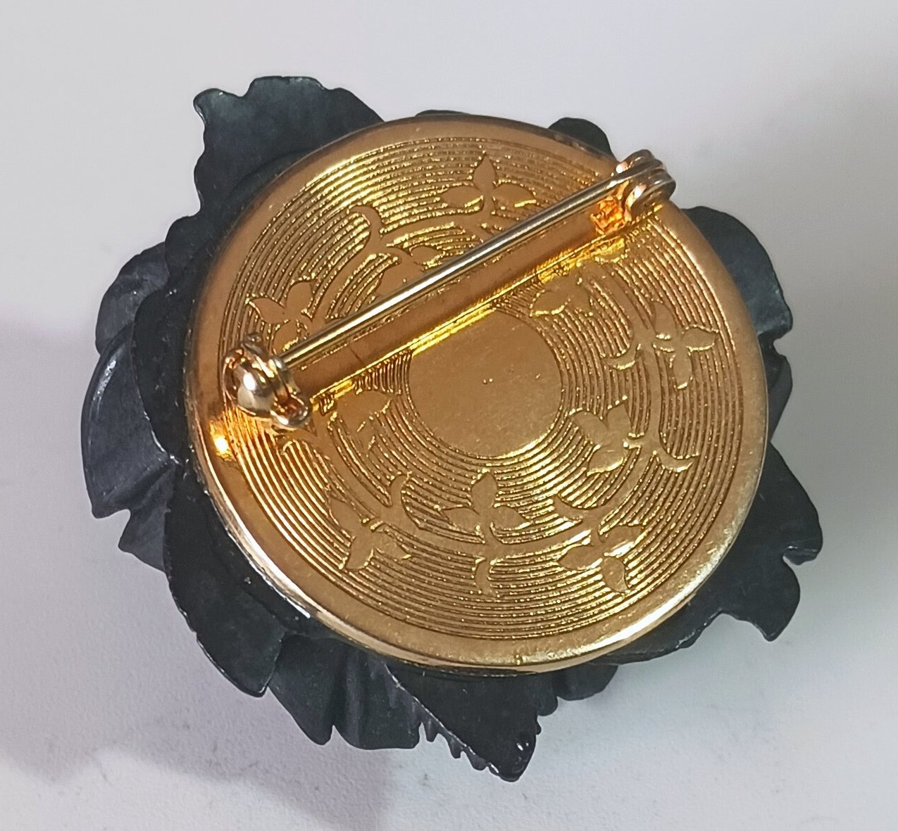 Vintage Carved Black Rose (Dense Wood?) Mourning Brooch w/ Ornate Gold-tone Back