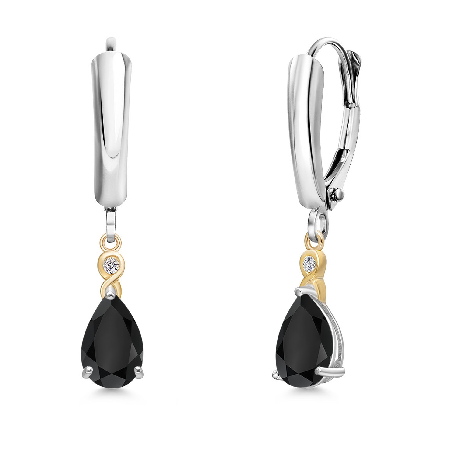925 Silver and 10K Yellow Gold Onyx and Lab Grown Diamond Dangle Earrings for