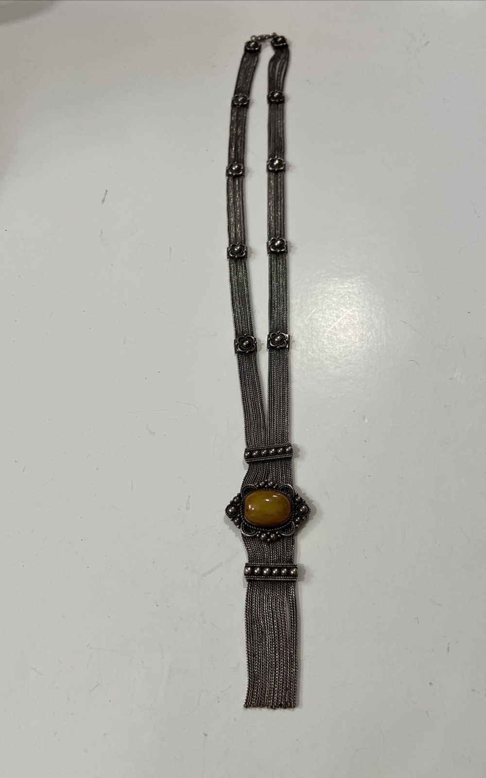 Sterling Silver 925 Honey Amber Multi Strand Foxtail Chain Tassel Necklace