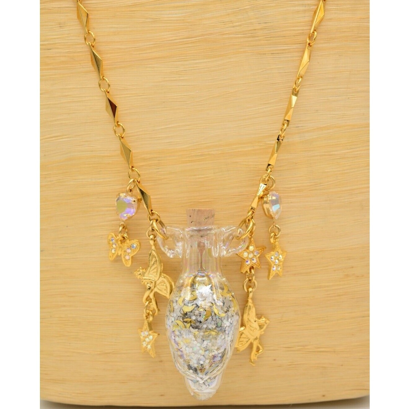 Kirks Folly Bottle Necklace Pixie Glitter Charm Crystal Rhinestone Gold NOS BOX