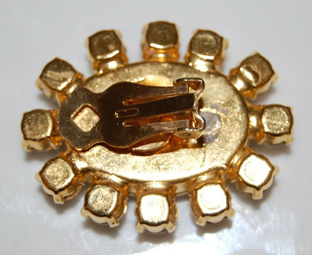 ELEGANT VTG RHINESTONE COUTURE LARGE AMBER OVAL & ICED CRYSTALS CLIP-ON EARRINGS
