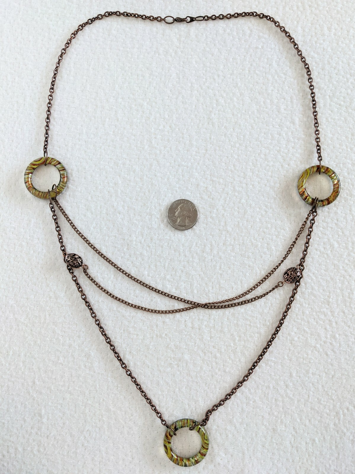 Copper Tone Multi Chain & Colorful Striped Art Glass Circle Beaded 29″ Necklace