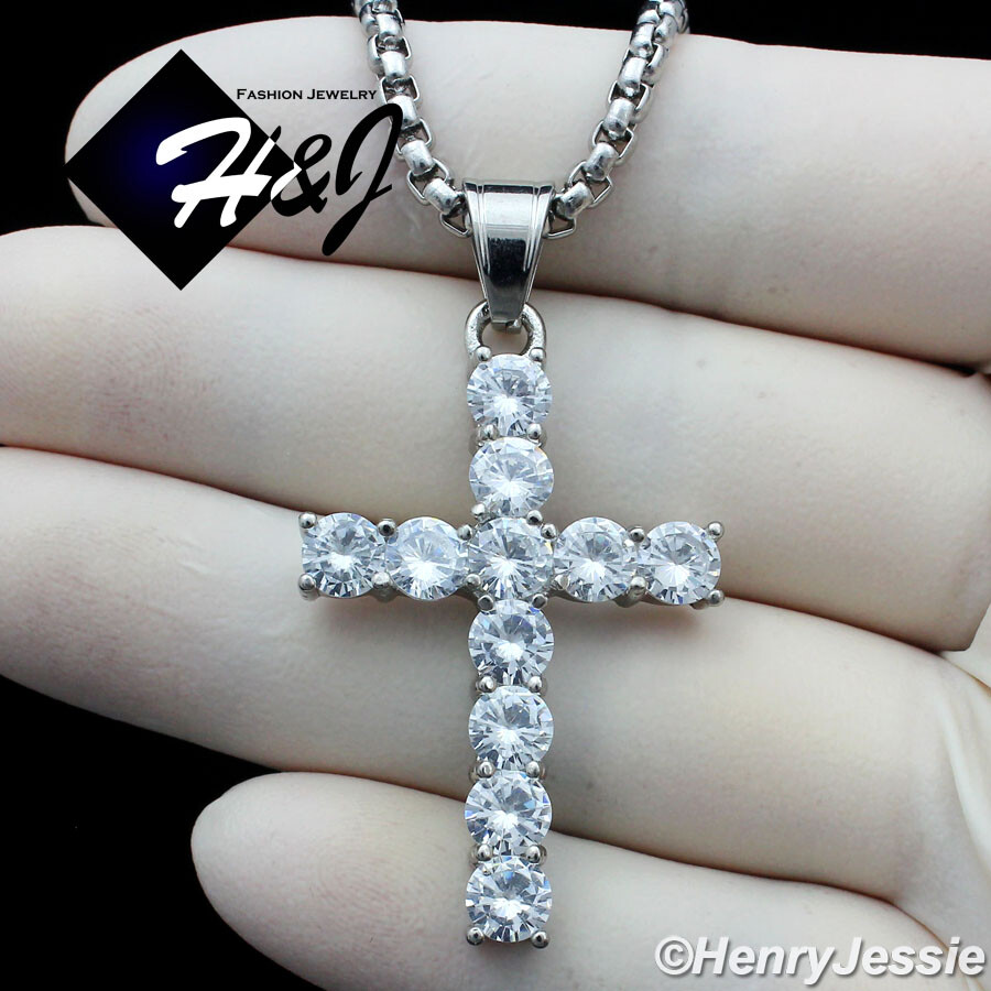 18-36″MEN Stainless Steel 3mm Silver Box Link Necklace ICY CZ Cross Pendant*P127
